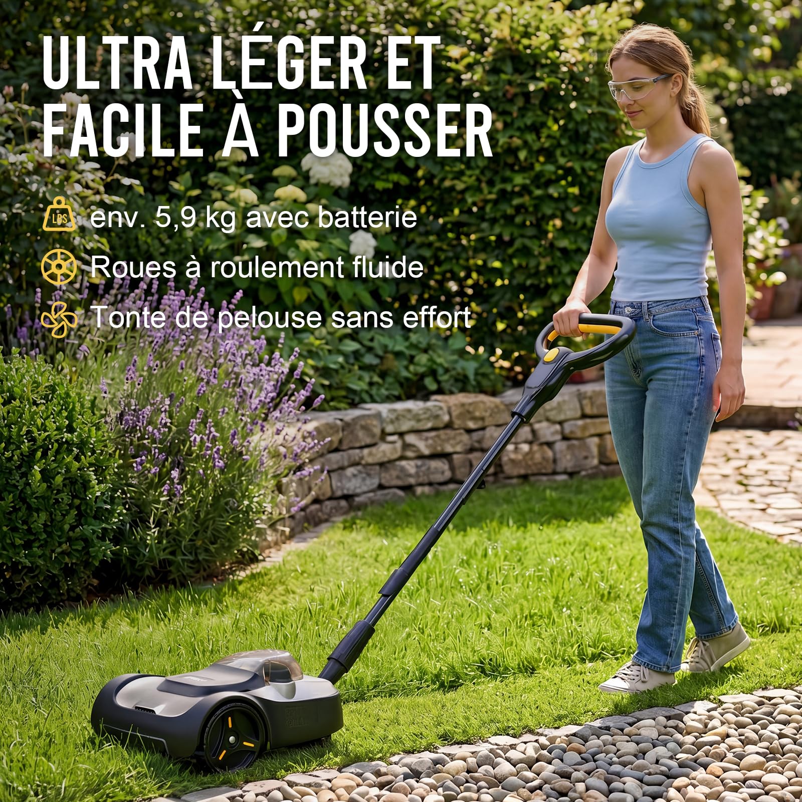 LIGIANT Tosaerba a Batteria Compatto e Leggero da 22 cm, Motore Brushless, Mulching, Altezza Regolabile su 3 Livelli, Sicurezza Inclinazione 10°–75°, Ideale per Piccoli Giardini e Angoli Stretti