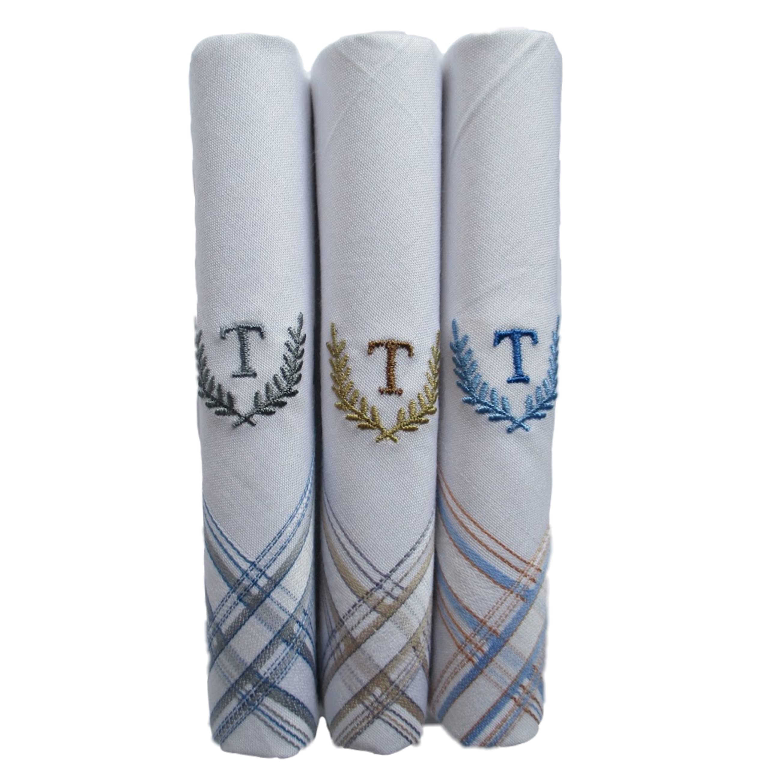 The White Square Men's Large Handkerchief in White with Initials (T) Pack of 3-613 W/C