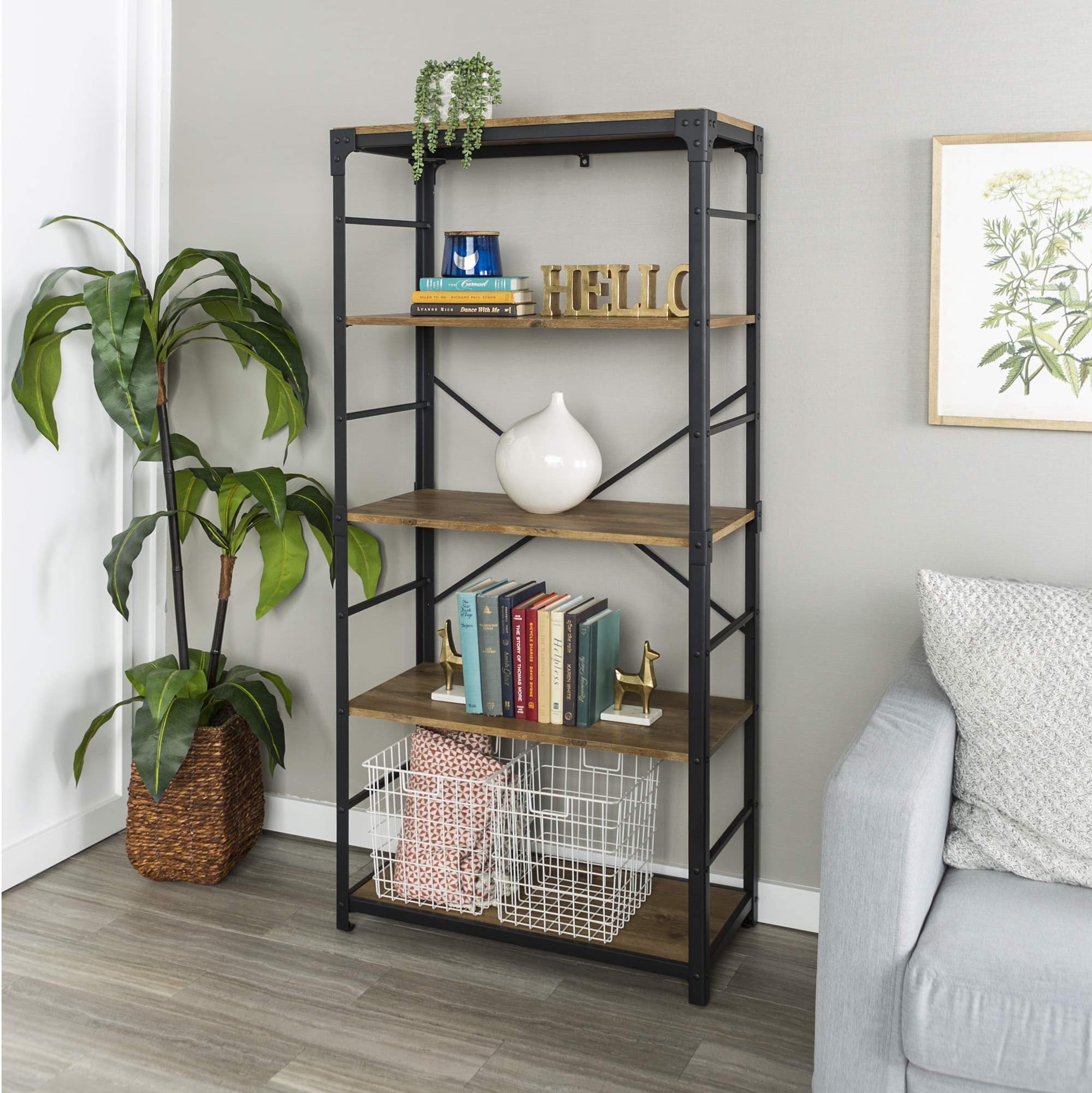 Eden Bridge Designs162cm (64"), 4-Shelf Urban Industrial Angle Iron Bookcase Bookshelf, Storage Bookcase organiser Multimedia Tall Tower for Home Office Living Room - Barnwood