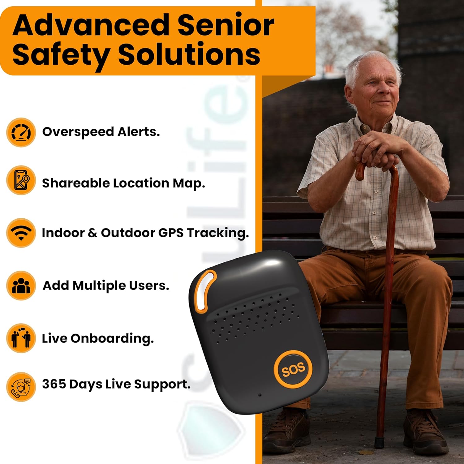 Smartphone screens showing geofencing, instant notifications, and tracking history features of the SecuLife app