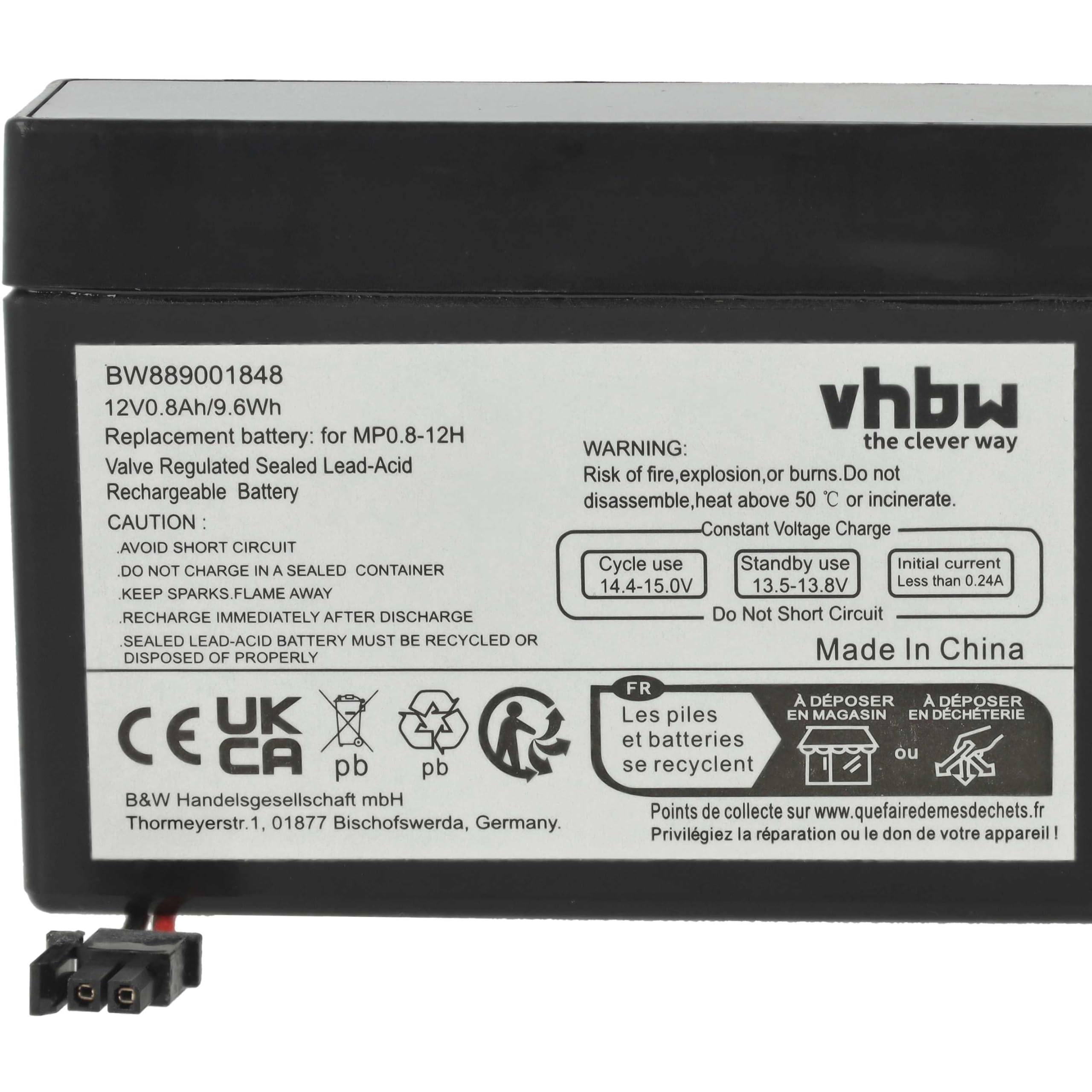 vhbw 4x Batteria sostituisce Powersonic PS-1208 per (800mAh, 12V, AGM, connettore AMP)