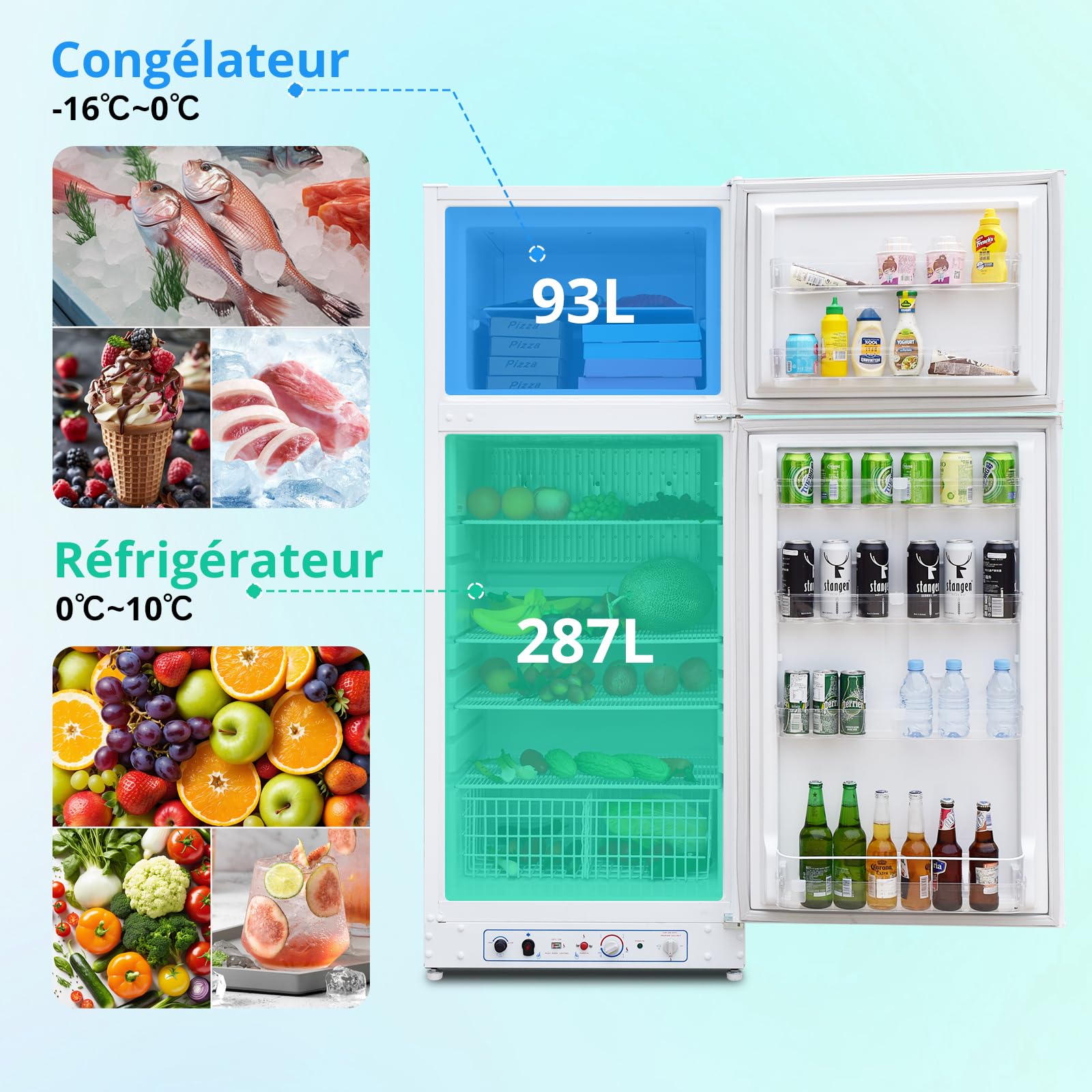SMETA Frigo Gaz avec Congélateur 380L, Réfrigérateur Congélateur 2 Voies Gaz/220V, Frigo Camping Gaz pour Camping-Car, Caravane, Mobile-Home, Garage, Blanc
