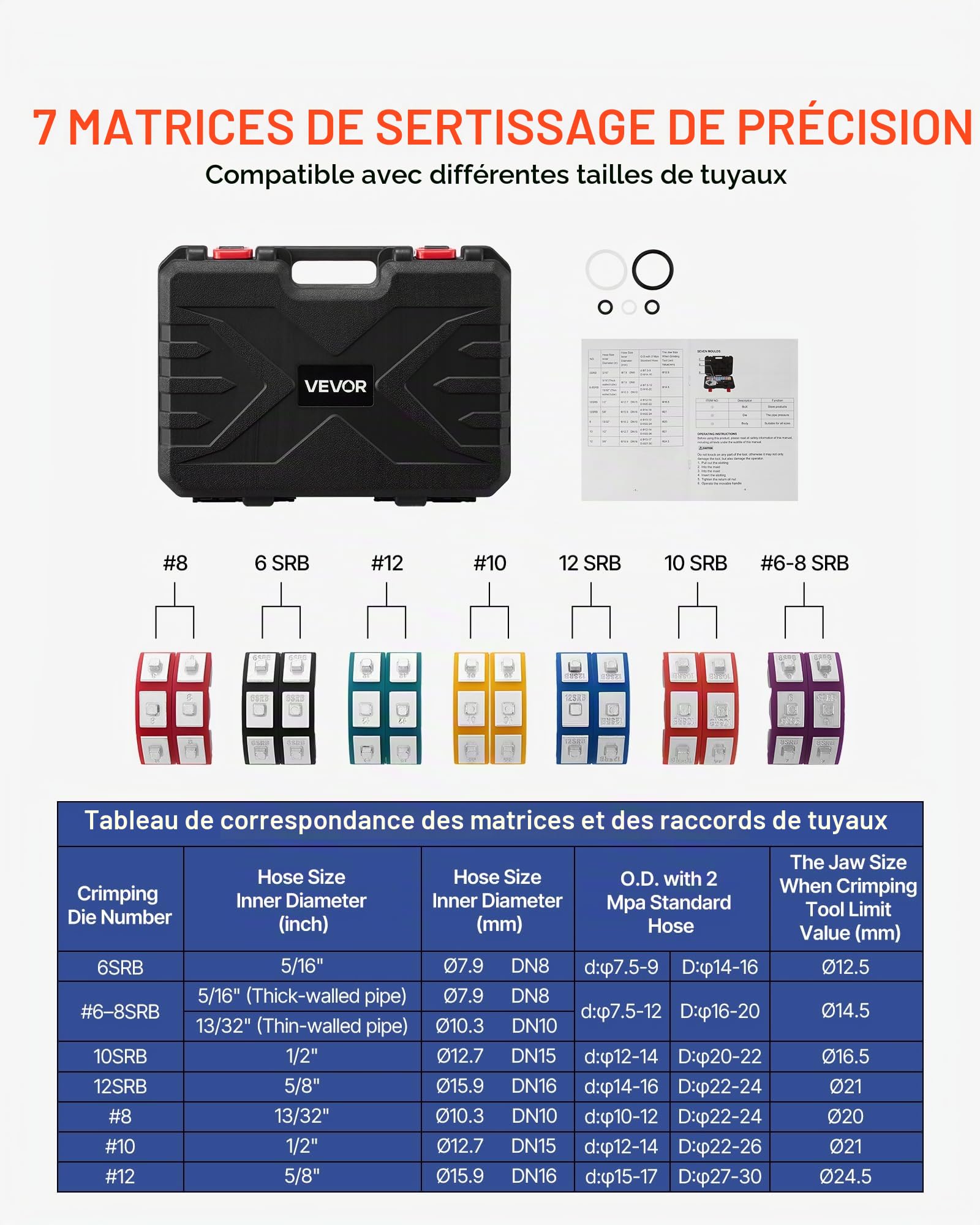 VEVOR Pince à Sertir Hydraulique Tuyau Climatisation Kit Sertissage Hydraulique de Flexibles, Outil Sertissage Manuel Intégré pour Réparation Automobile Clim, avec 7 Matrices, Mallette de Transport
