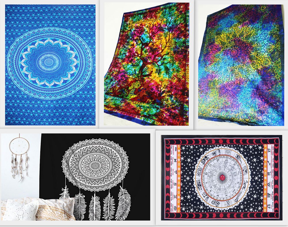 FUTURE HANDMADE Wholesale Pack of 5 Twin Tapestries Indian Handmade Printed Psychedelic Mandala Tapestry Birds and Animals Tapestry Tie Dye Bed Sheet Astrology Indian Tapestry Bedspread (Pack 4)