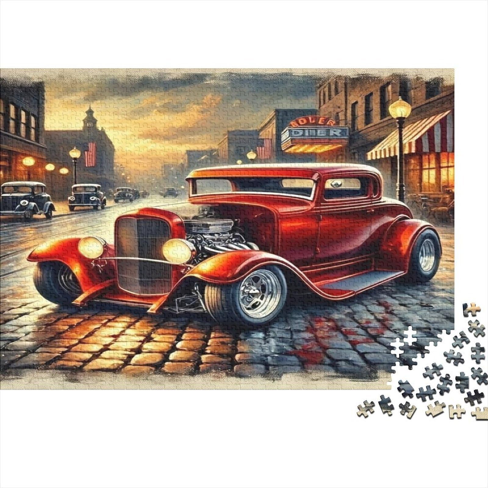 Vintage Red Classic Car City Scene 1000 Piece Jigsaw Puzzle Paper Adults Focus — image 1