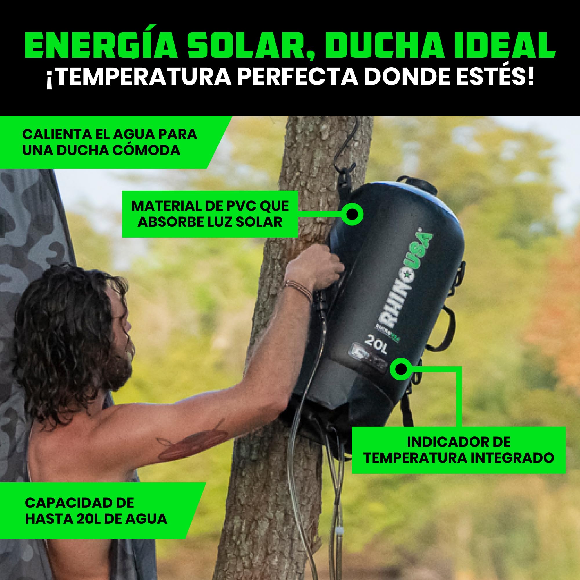 Rhino USA Ducha solar portátil de 5 galones/20 litros, esencial para camping, festivales, aterrizaje, viajes a la playa, ducha al aire libre y mucho más