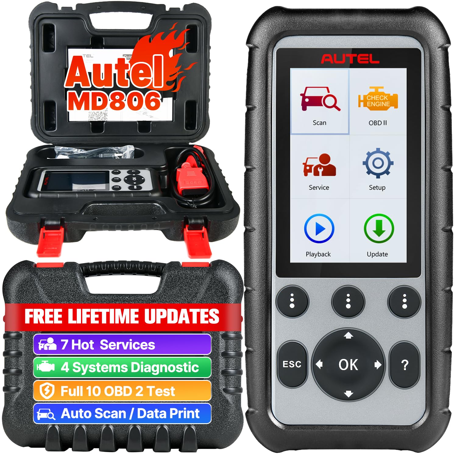 Autel MaxiDiag MD806 OBD2 Scanner, ABS SRS Engine Transmission 4 Systems Diagnostic Scan Tool, 7 Hot Service as MD808 Pro, Oil Reset D-P.F, EPB SAS BMS Throttle A/F, Up of MD805 MD802, Free Update