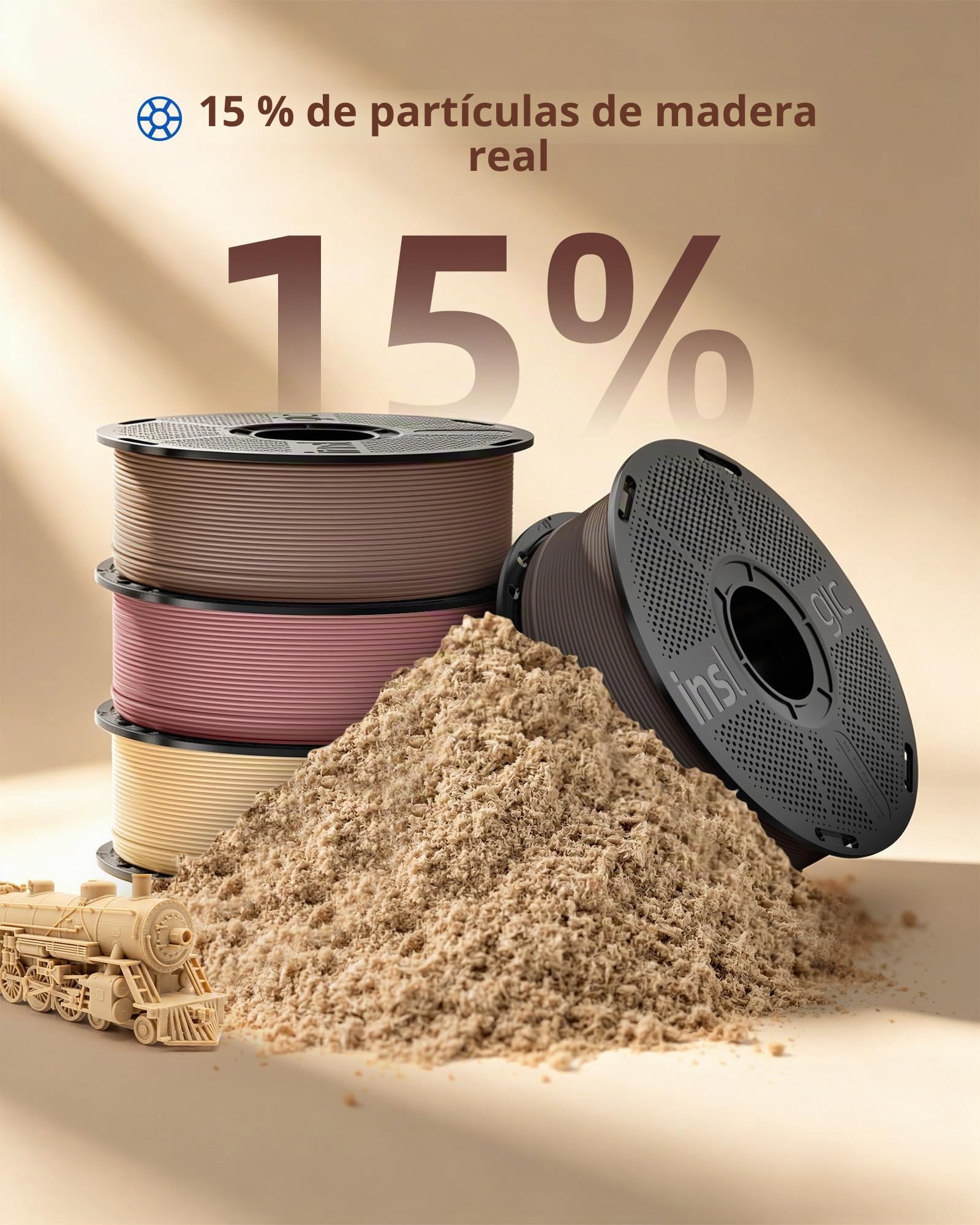Inslogic Filamento WoodFill PLA 1,75 mm para Impresora 3D, Paquete Multicolor de 4 kg, Textura Real de Madera, compatible con la mayoría de las impresoras FDM 3D (Arce+Madera Natural+Nogal+Cerezo)