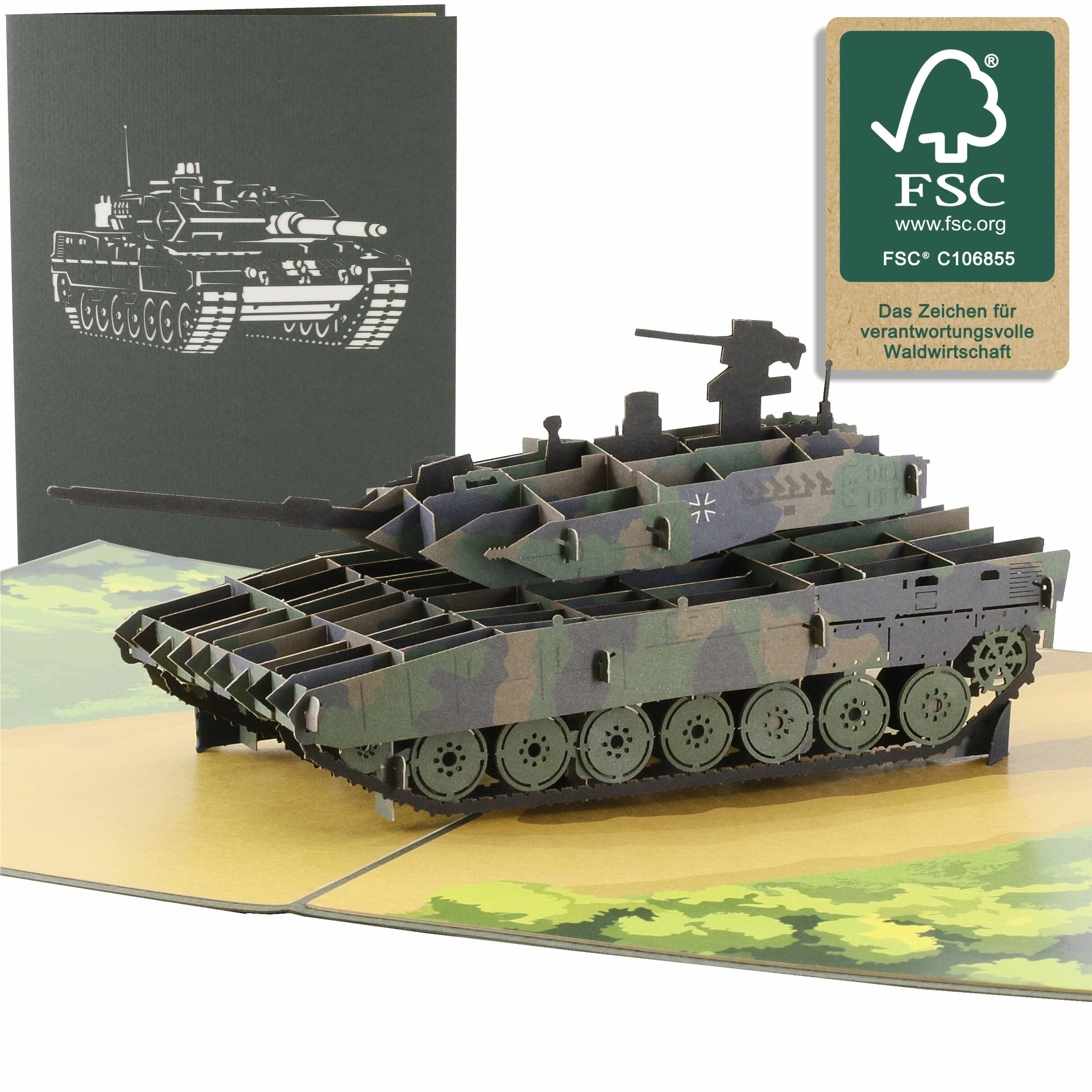 design3dkarten® Pop Up Card Tank in Leopard 2 Style – Original German Army Gift for Men and Soldiers or as a Tank Model for Military Fans Ideal as a Birthday Card or Money Gift