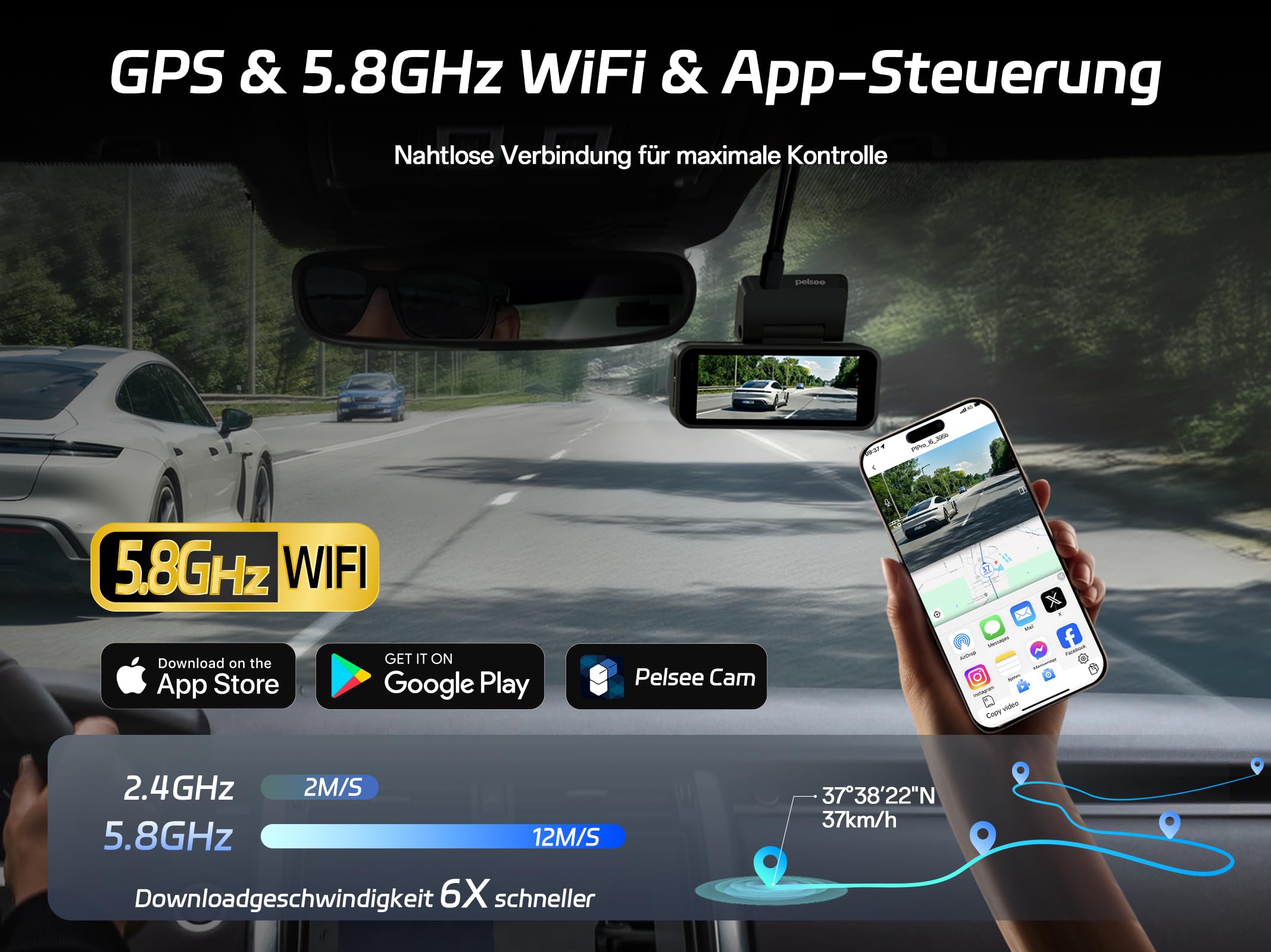 Pelsee 4K Dashcam Auto Vorne Hinten mit STARVIS 2 Sensor, 3.39'' IPS Display dashcam Auto mit 24H Parküberwachung, 5.8GHz WiFi, HDR WDR, ADAS, GPS, Vollfarben-Nachtsicht mit WiFi, 64GB SD Karte