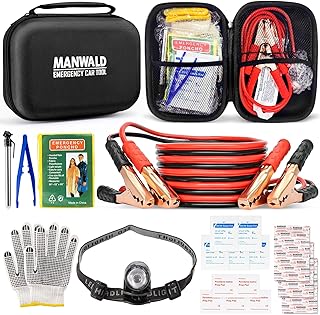 Comprehensive Emergency Car Tool Kit with Headlamp, Gloves, and Jumper Cables