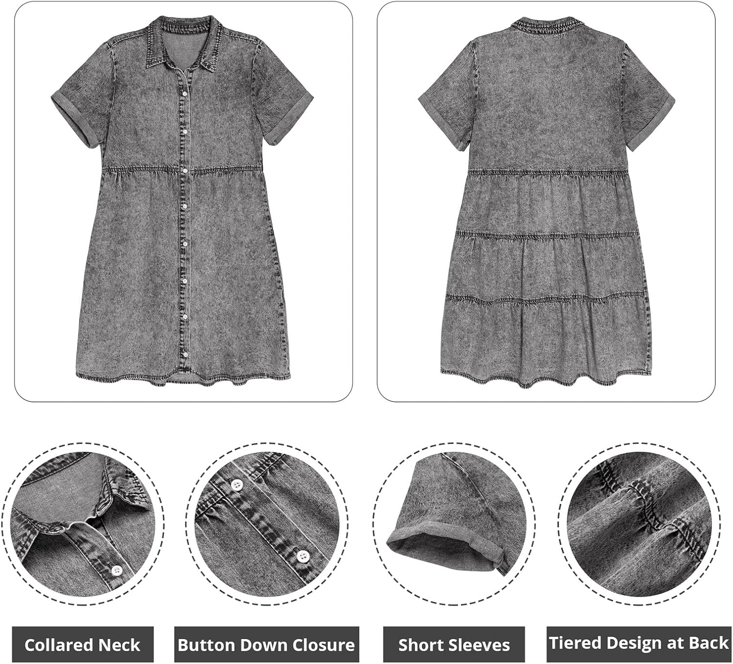 GRAPENT Denim Dress for Women Babydoll Tiered Short Sleeve Button Down Jean Shirt Dresses - Image 6