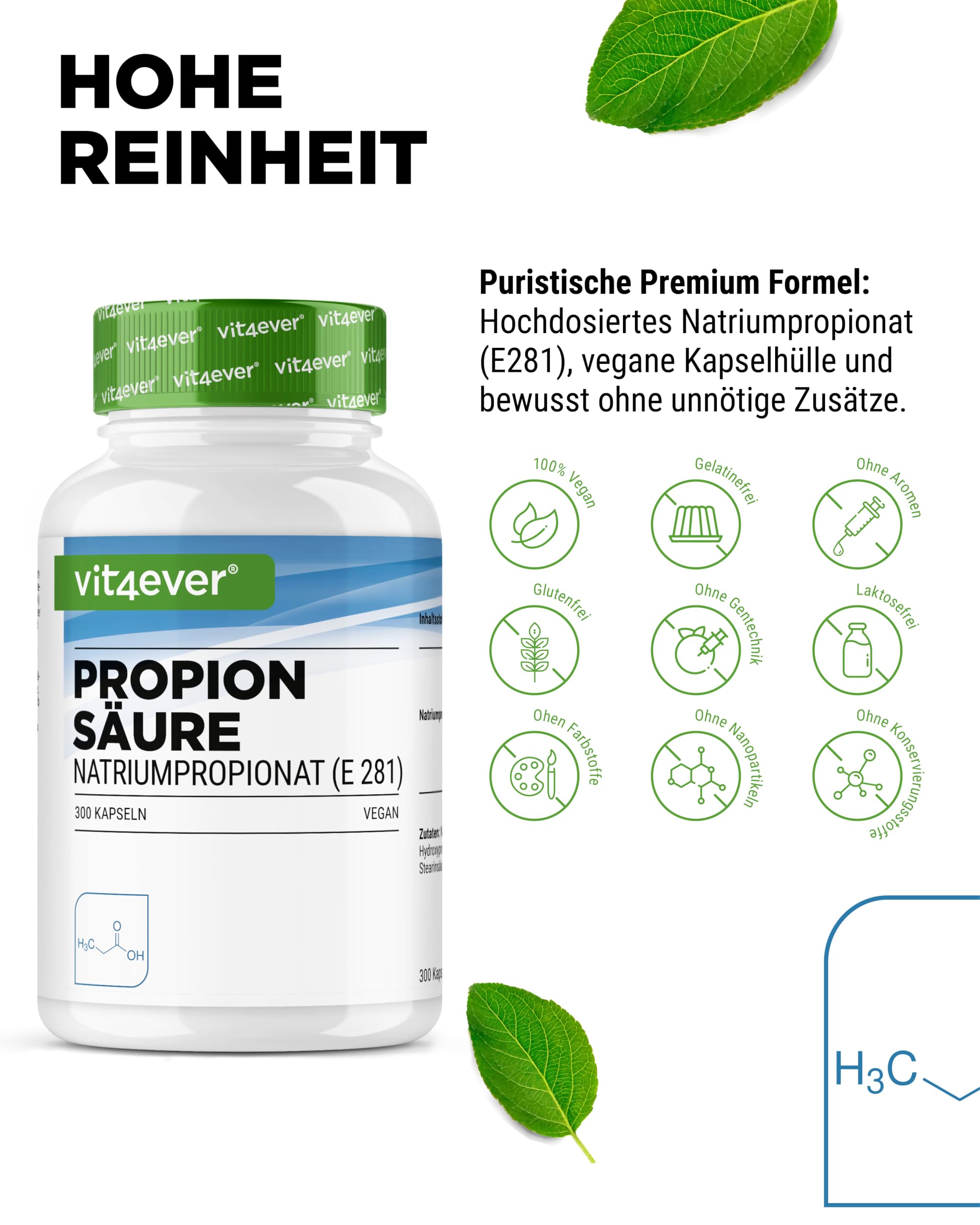 vit4ever Propionsäure (Natriumpropionat E281) - 300 vegane Kapseln | 500 mg pro Kapsel, Kurzkettige Fettsäure, Premium Qualität