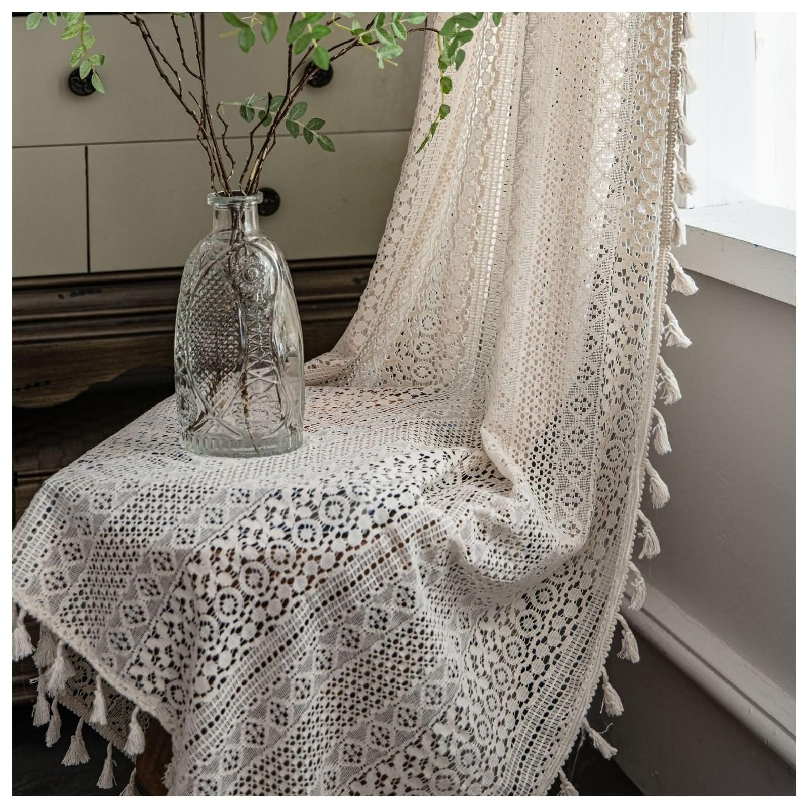 Cortina de gasa semitransparente beige bohemia de algodón 150x280 cm para salón y dormitorio