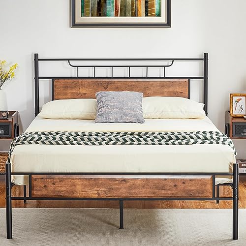 Miniatura 1 de VECELO Base de cama de tamaño matrimonial con cabecero, listones de metal fuertes y soporte antideslizante, base de colchón de plataforma de estilo