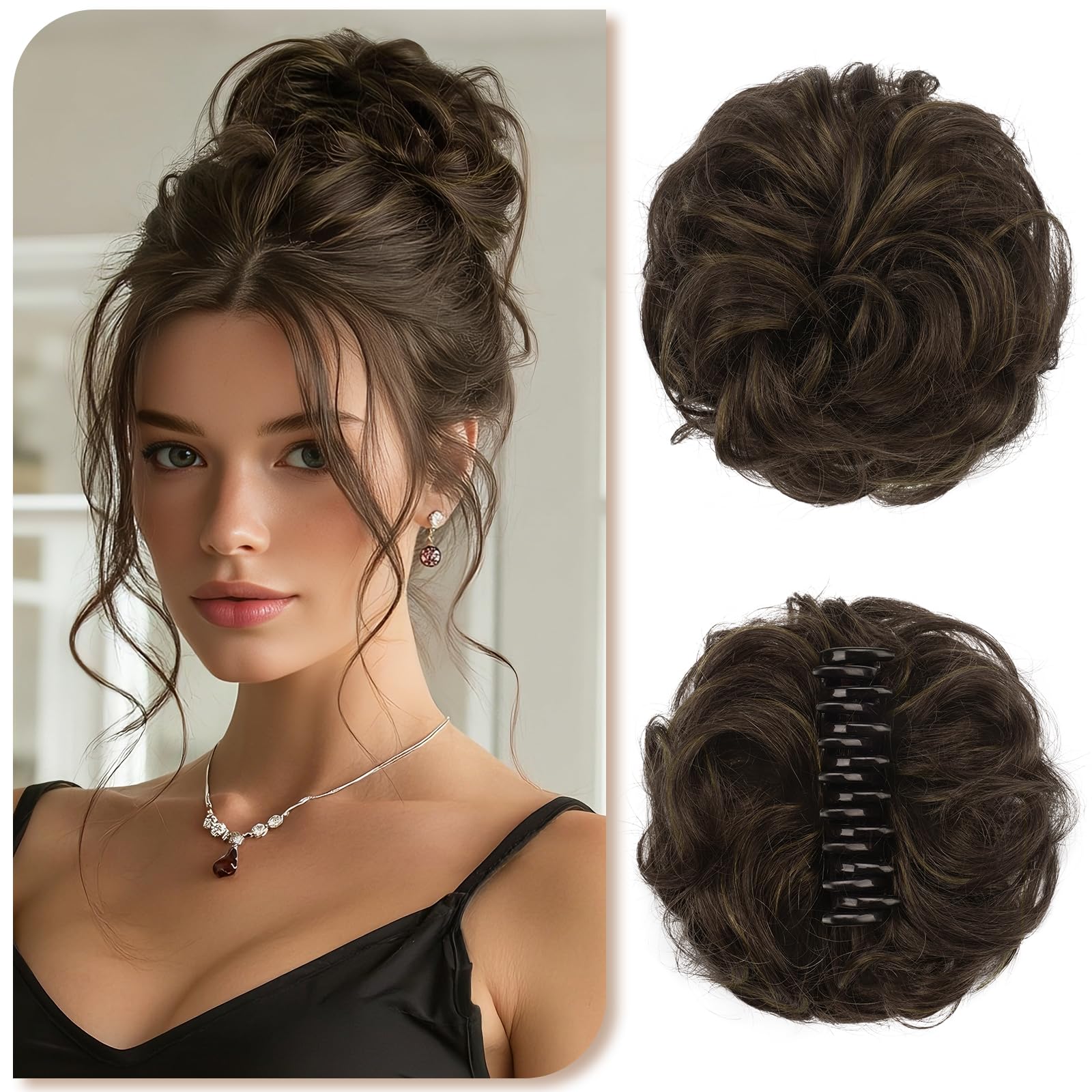 Sofeiyan Messy Bun Haarteil mit Klammer 100% Haarteile Echthaar Dutt Gewelltes Locken Clip in Claw Hair Scrunchies für Damen,Dunkelbraun & Mittelblond Zerzauste Echtes Haar Chignon