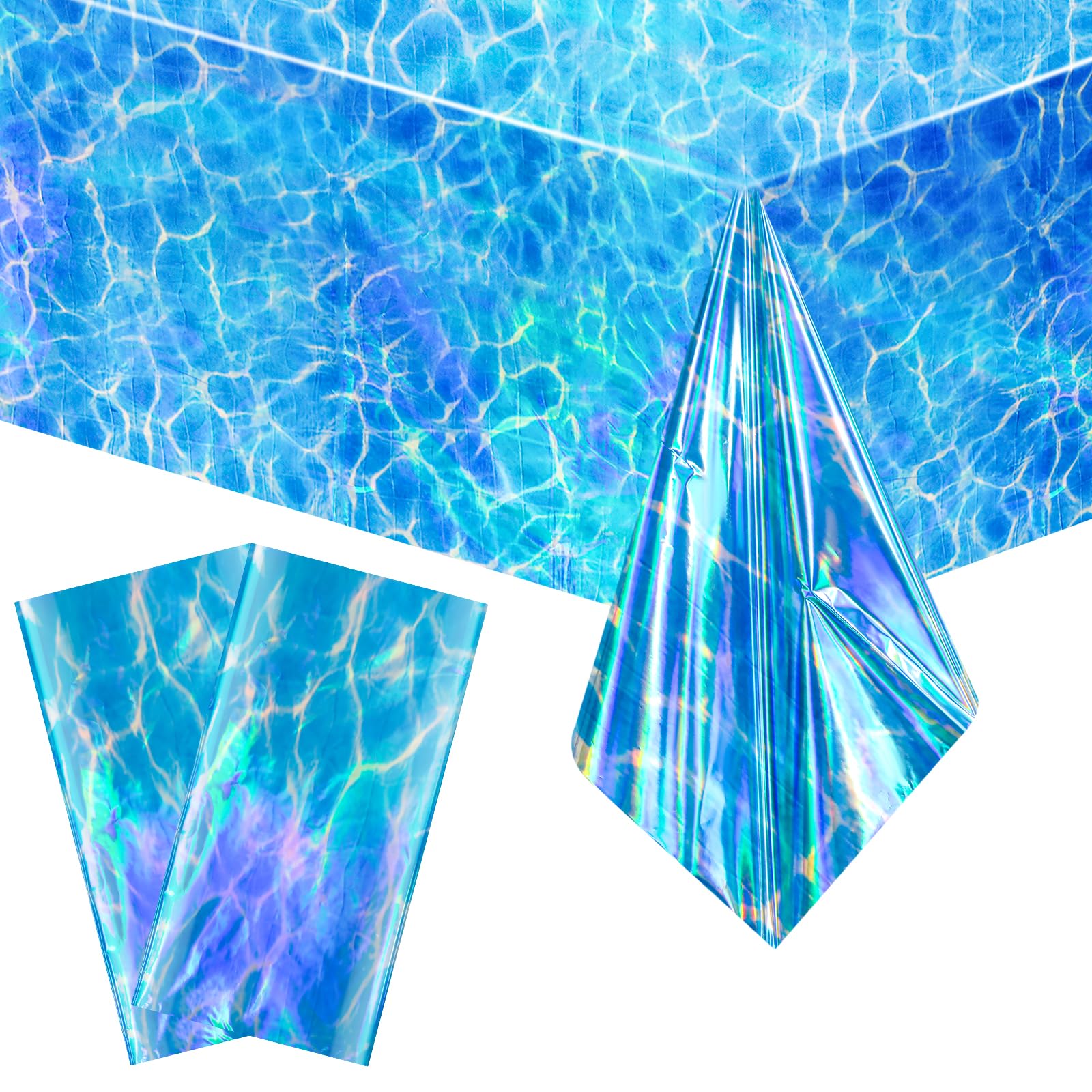 PHOGARY 2 Pcs Iridescent Ocean Wave Tablecloths, Sea Ocean Tablecloth Disposable Plastic Table Cloth Rectangle Water Wave Print Table Covers for Summer Birthday Pool Beach Party Decorations