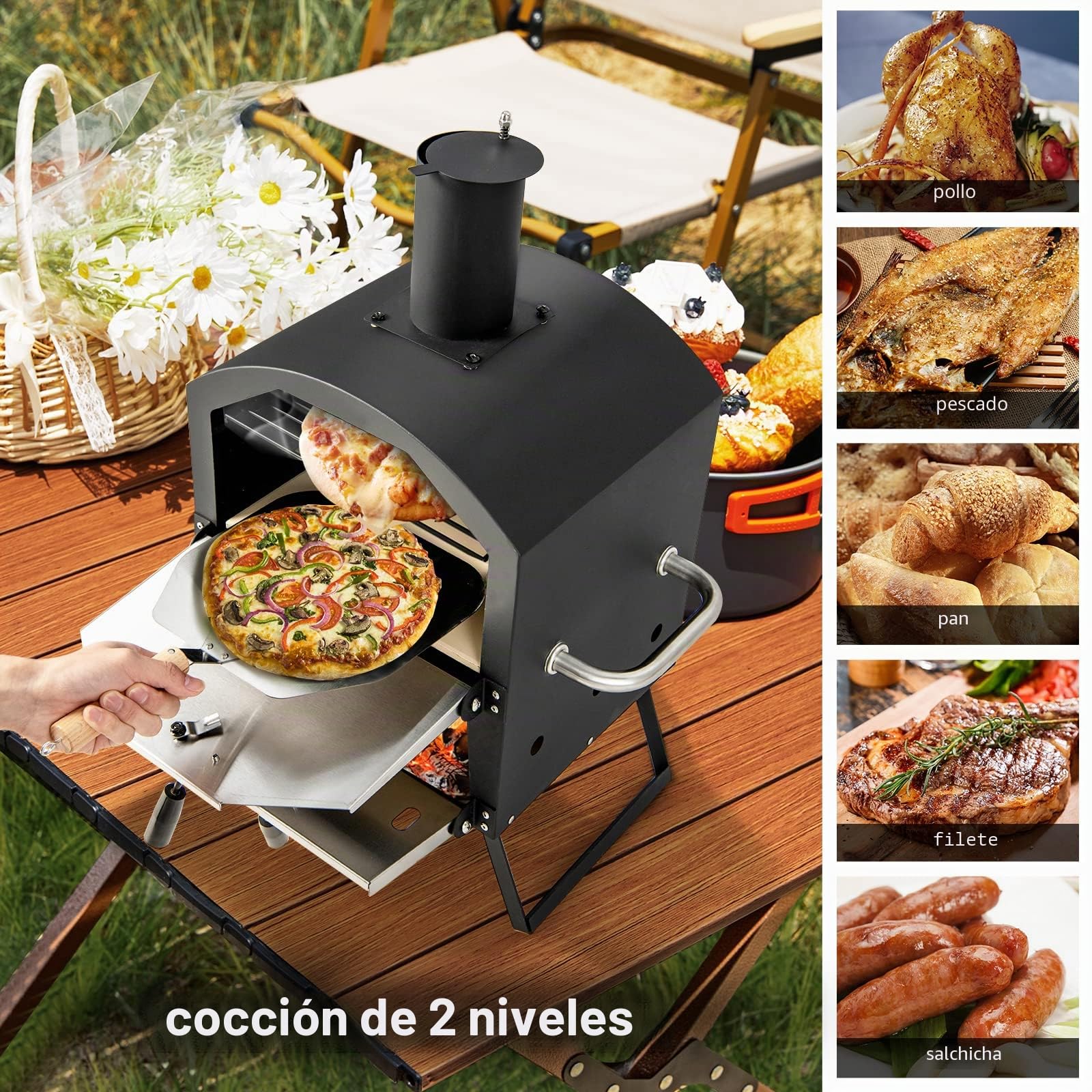 GYMAX Horno de Pizza Portátil con Patas y Asas Plegables, Parrilla de Pellets de Madera, Diseño de 2 Capas y Orificios de Ventilación Ajustables con Piedra para Pizza