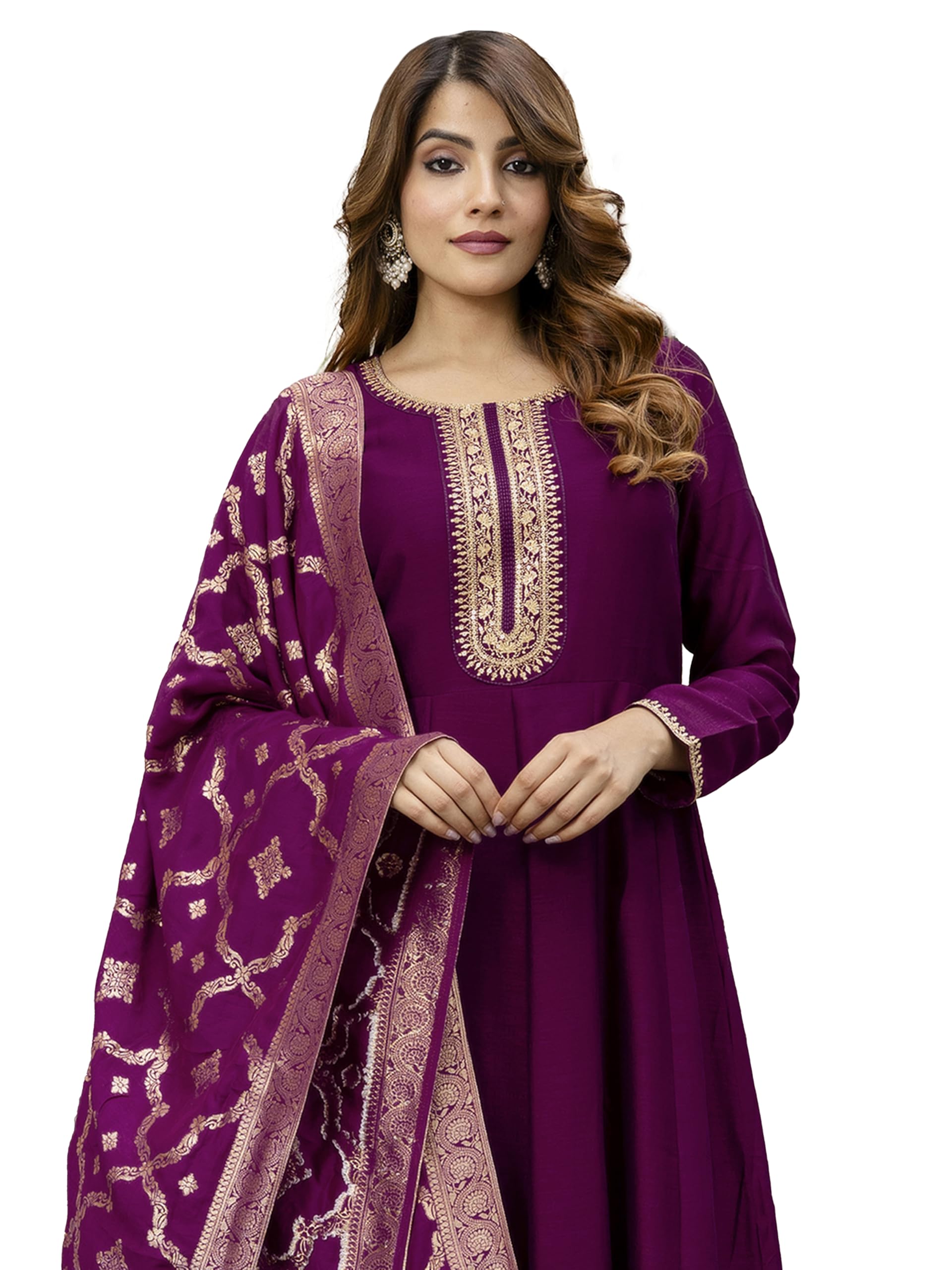 TRENDMALLS Women's Vichitra Silk Anarkali Suit Set with Jacquard Dupatta for Women Kurta Set for Women