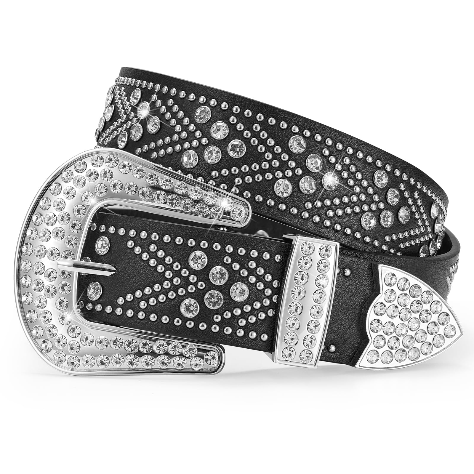 JASGOOD Rhinestones Belt for Women Men Plus Size Western Cowboy Cowgirl Studded Diamond Leather Waist Belt for Jeans