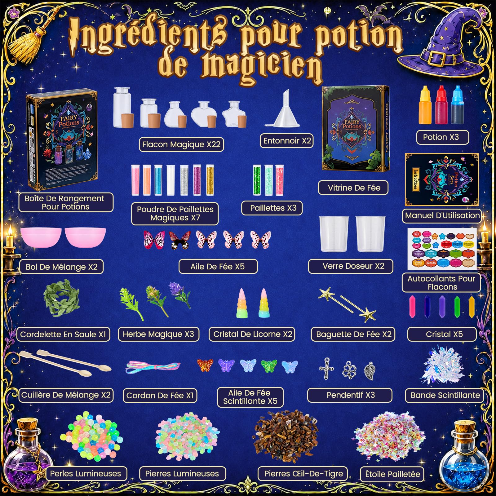 Wothfav Potion Magique Enfant, Mélange 22 Bouteilles de Potion Magique, Set de Potion Mystère Vintage pour Enfants, Kits de Potions de Fées, Jouets Artisanaux pour Garçons et Filles, Cadeaux Créatifs