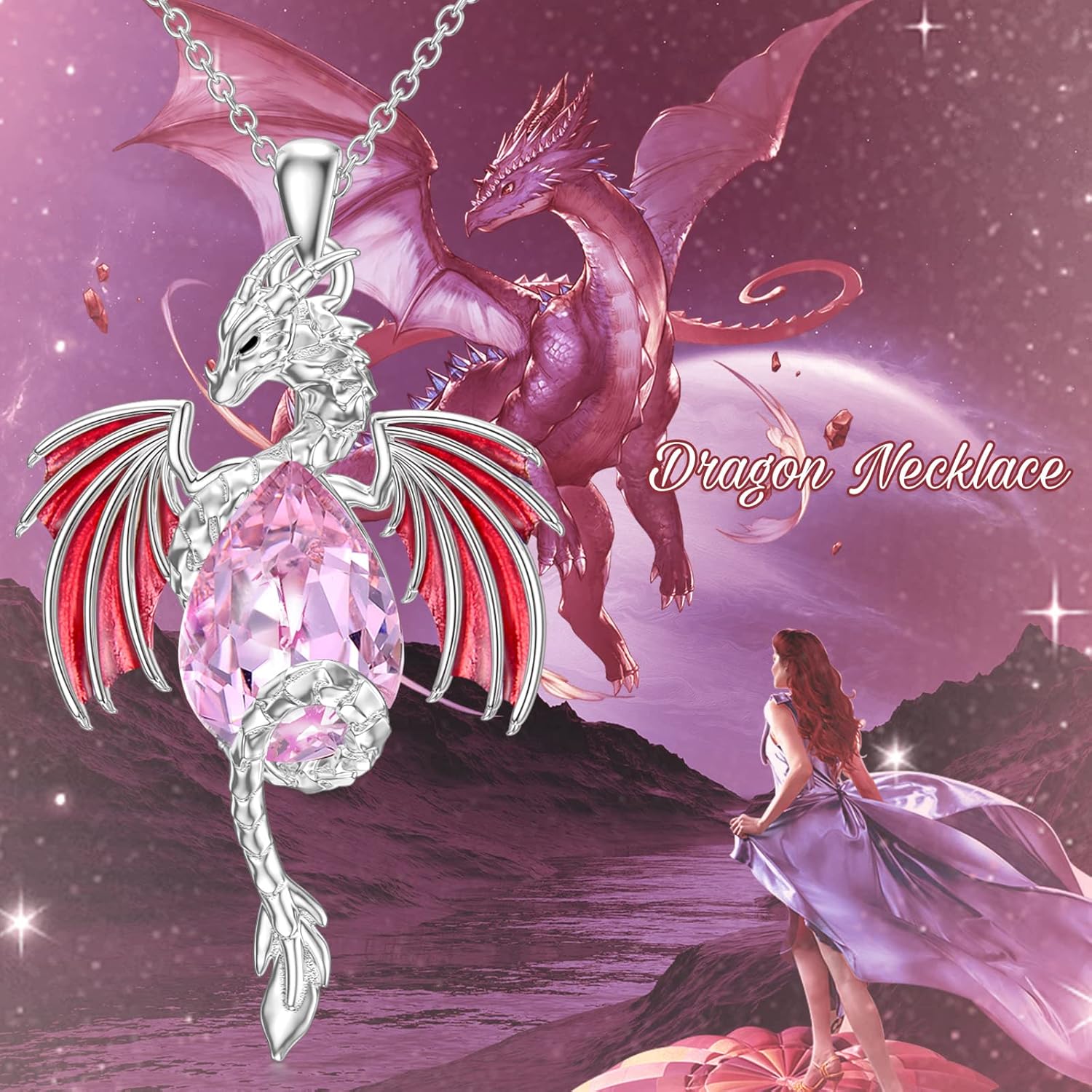 Dragon Necklace for Men Sterling Silver Birthstone Wyvern Necklace Embllished with Teardrop Shaped Crystal Jewelry for Women - Image 4