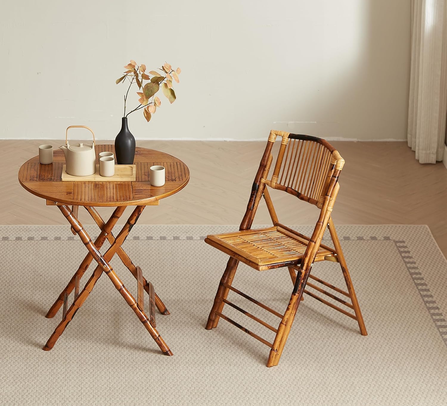 Vintage Bamboo Rattan Folding Dinging Chair - Portable Lightweight Retro Seat for Indoor, Outdoor, Patio, Wedding, Office, and Events (1, Brown, Oversized)