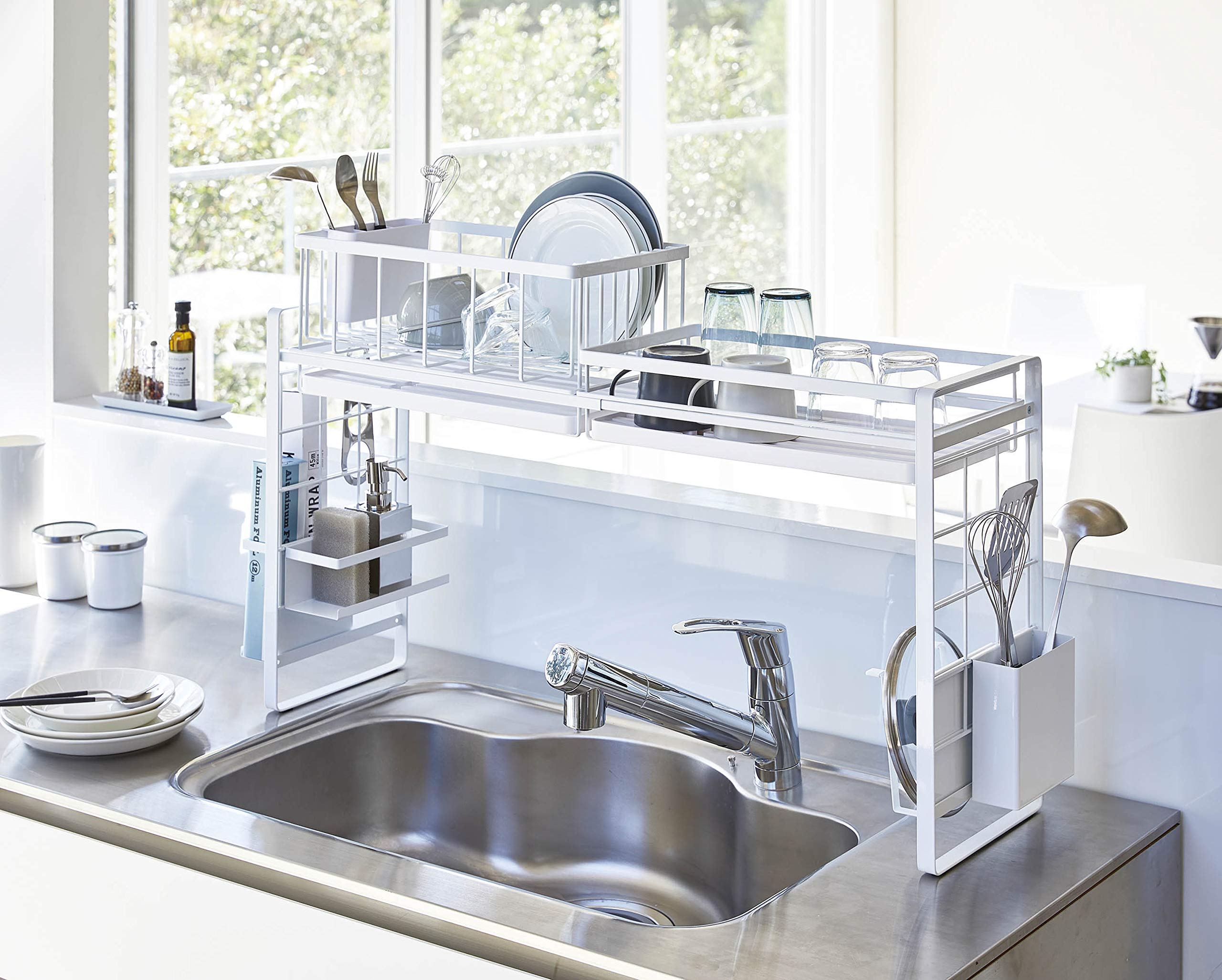 Yamazaki 4364 Over the Sink Extendable Dish Drainer Basket for System Racks, S, White, Approx. W16.7 x D 9.1 x H 3.9 inches (42.5 x 23 x 10 cm), Tower Can Be Combined, Storage Rack, Storage Tool, Easy