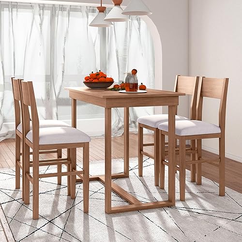 LUMISOL 5 Piece Counter Height Dining Table Set for 4, Farmhouse Kitchen Table Set with 4 Upholstered Chairs, Wooden Dining Table Set for Living Room, Brown