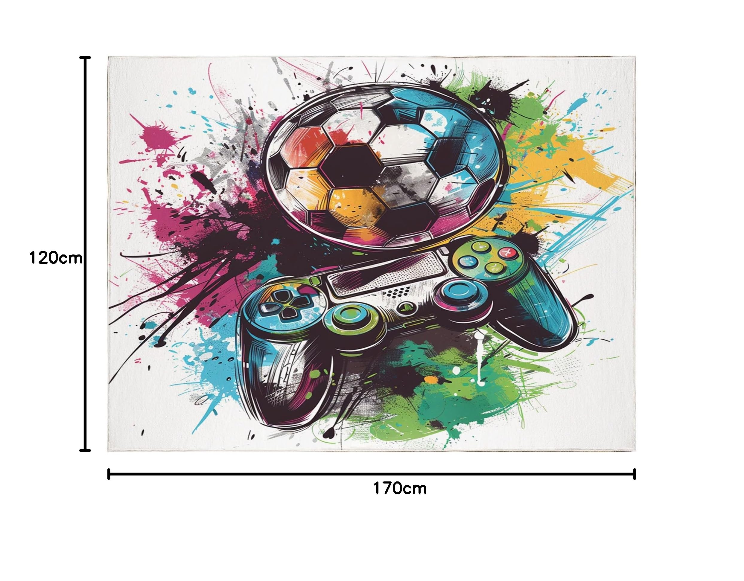 Teppich 120x170 cm rutschfest Waschbar Teppich, Sportthema Fußball Graffiti Gamecontroller Druck Teppich für Dekoration Schlafzimmer Kinderzimmer Wohnzimmer Kurzflor Weiß Läufer