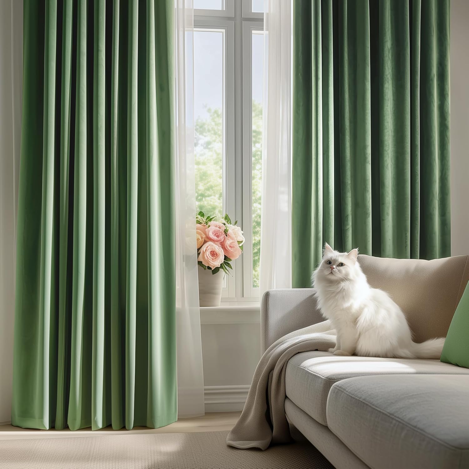 FMFUNCTEX Velvet Blackout Curtains Sage Green Thermal Insulated Curtains for Bedroom Living Room Darkening Curtains 72 Inches Long Soft Luxury Heavy Rod Pocket Sage Drapes Dining Room 2 Panels Set