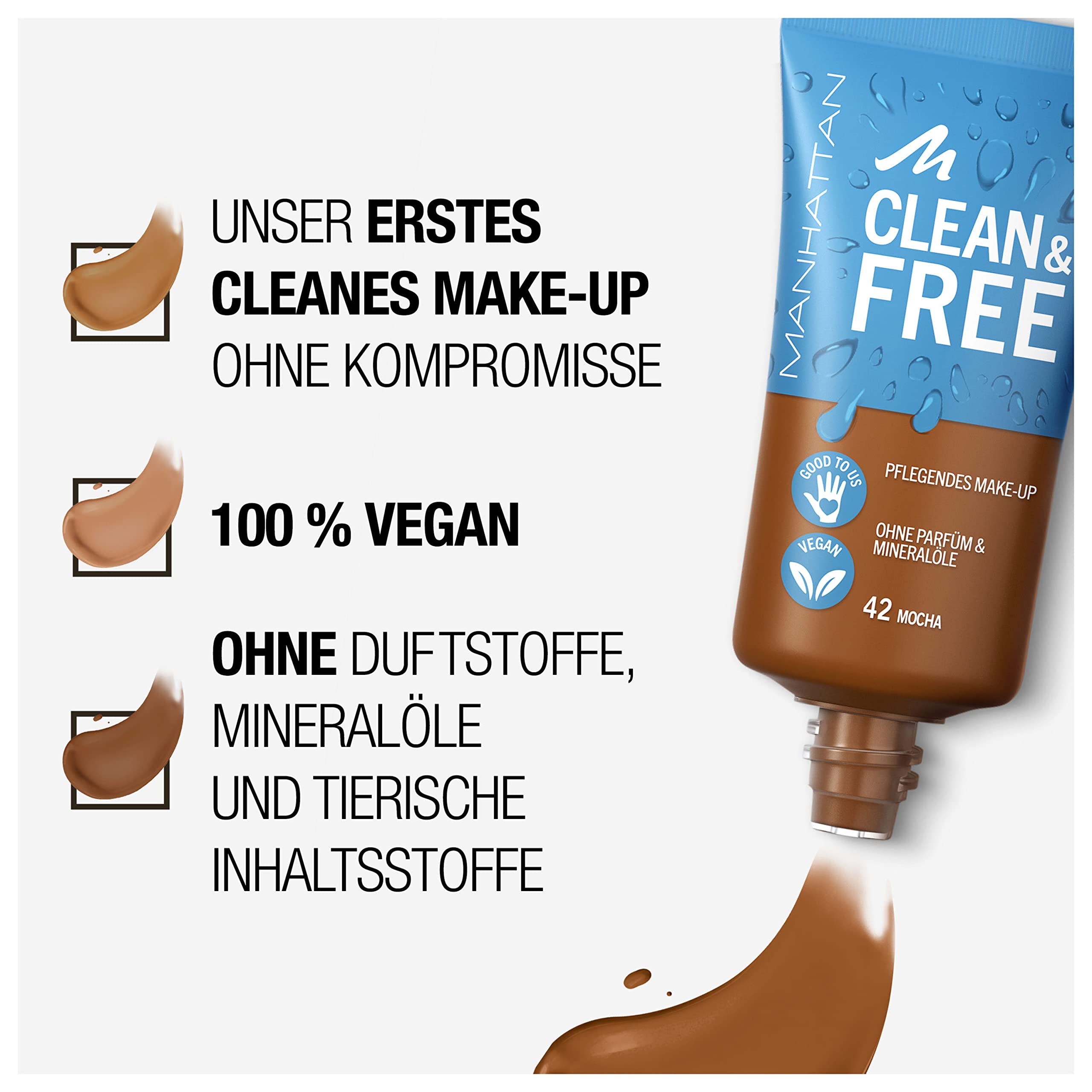 Manhattan Clean & Free Skin Tint Fb. 42 Mocha - Maquillaje hidratante, vegano, 30 ml