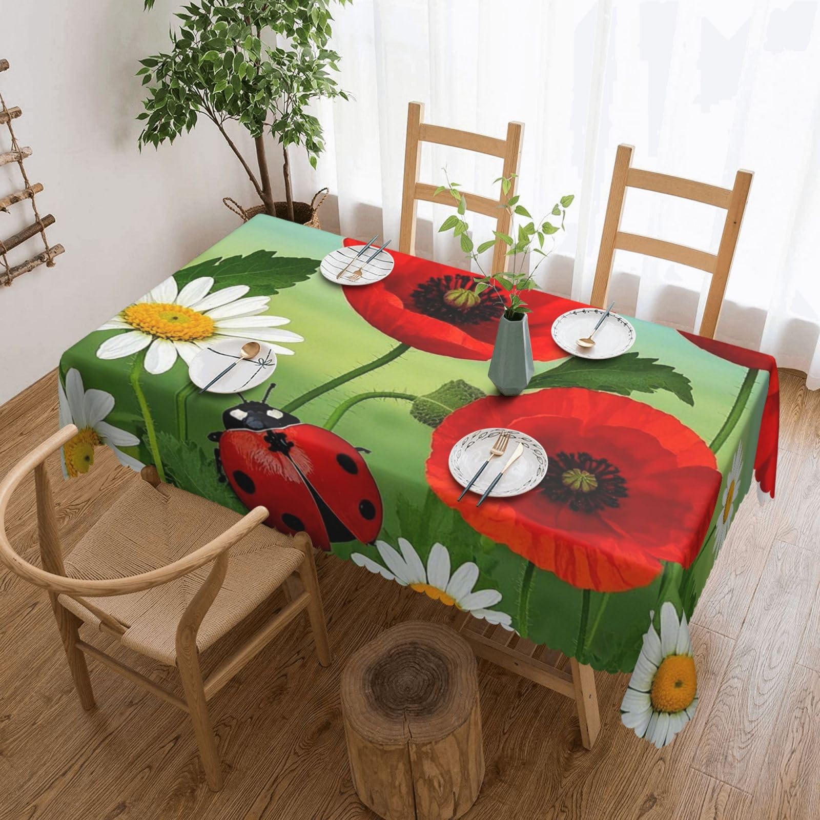 Chamomile Ladybug and Daisy Tablecloths for Rectangle Tables 54 x 72 Inch - Reusable Washable Dining Table Clothes - Stain and Wrinkle Resistant Decorative Fabric Table Cover for Wedding Party