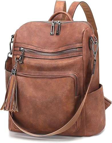 OPAGE - Mochila de cuero para mujer, con borla de moda, bolso de hombro, mochila grande, bolsa de viaje, A-Marrón, L, Viajar