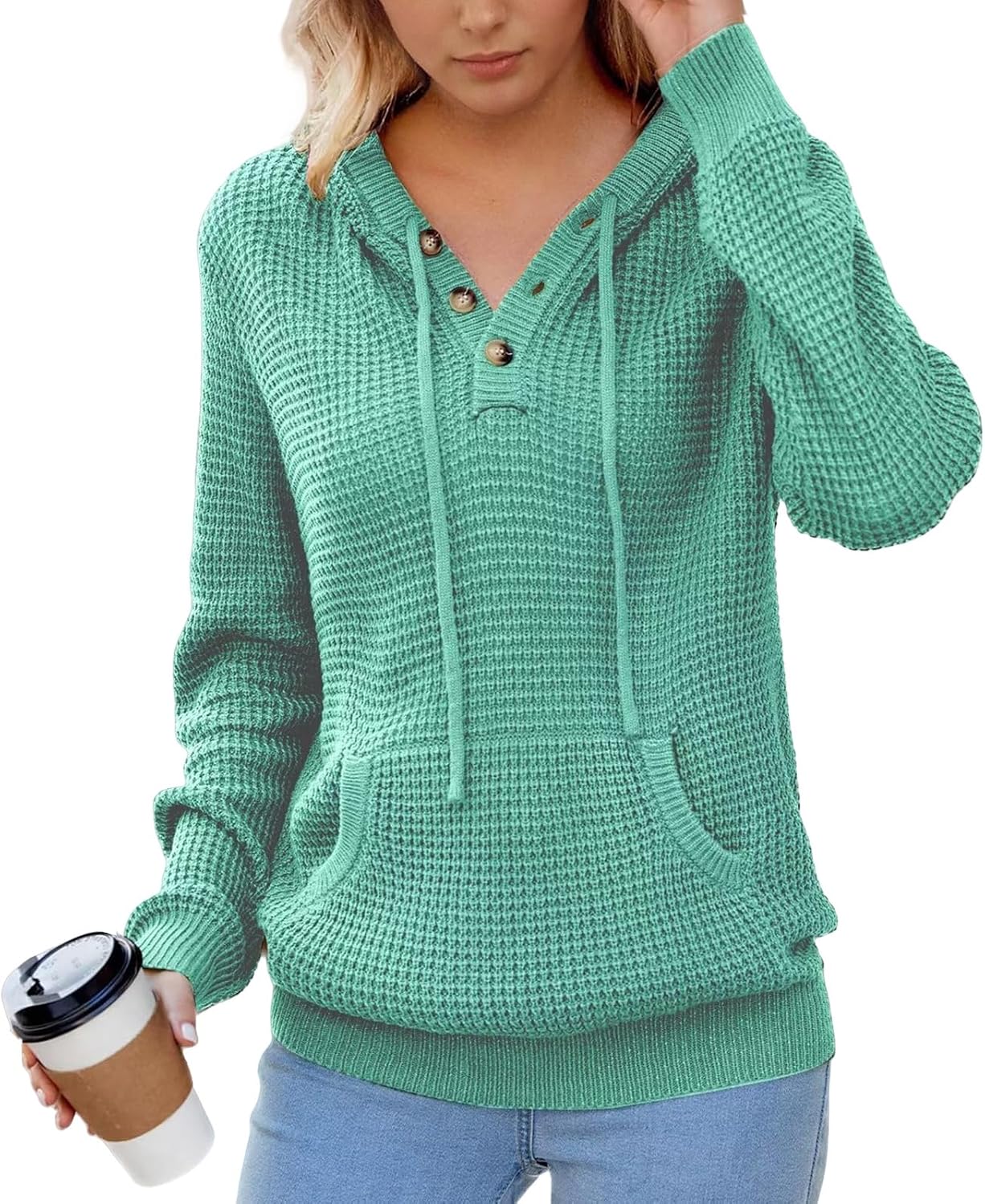 2025 Fall Womens Hoodies Oversized Casual Waffle Knit V Neck Sweatshirt Button Down Drawstring Hooded Pullover Tops