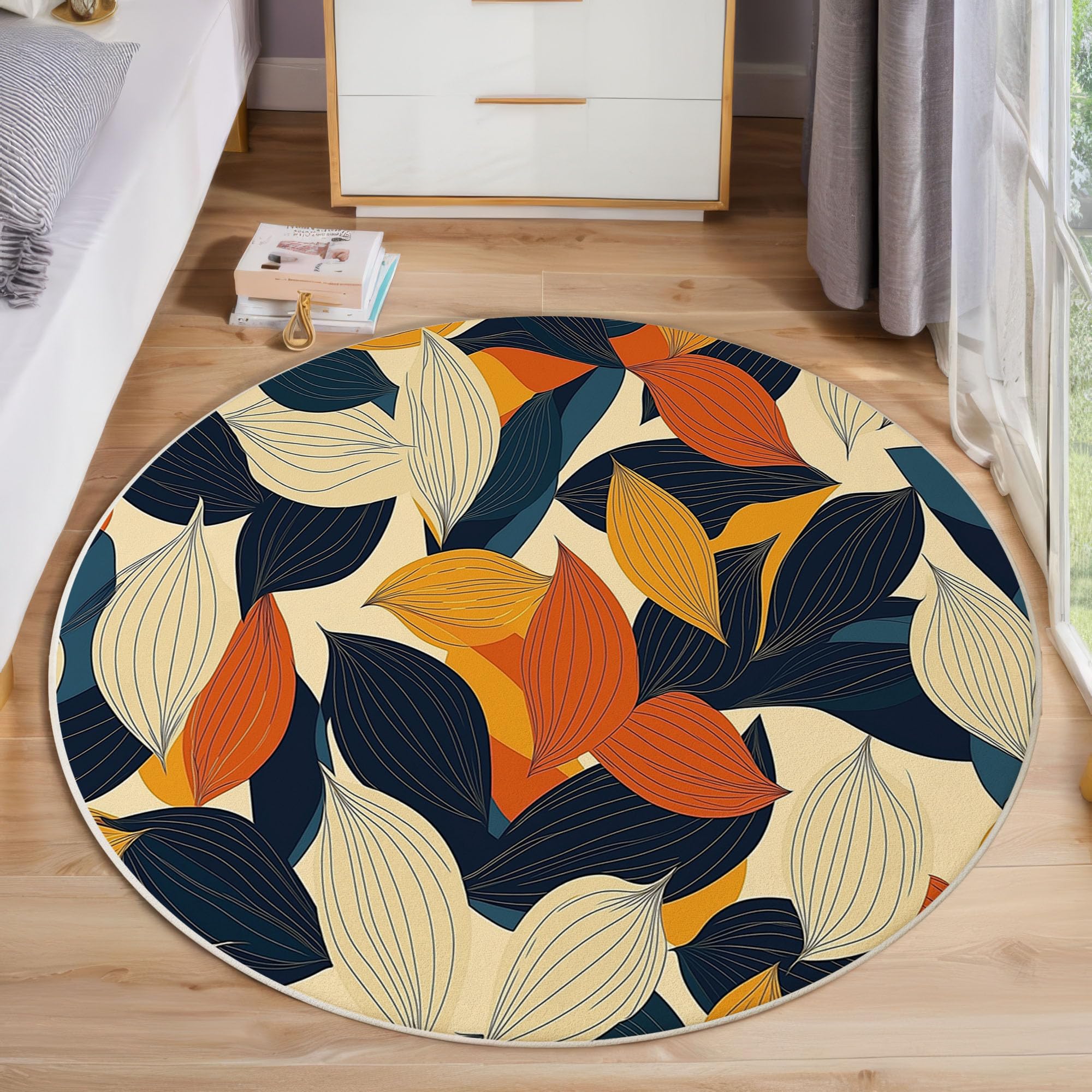 Teppich Rund 120cm, Maisblätter Geometrie Bedrucktes Design, Weich und Flauschig Retro-Botanischer Stil Küchenteppich, rutschfest Waschbar Senfgelb Teppich für Kinderzimmer Wohnzimmer Schlafzimmer