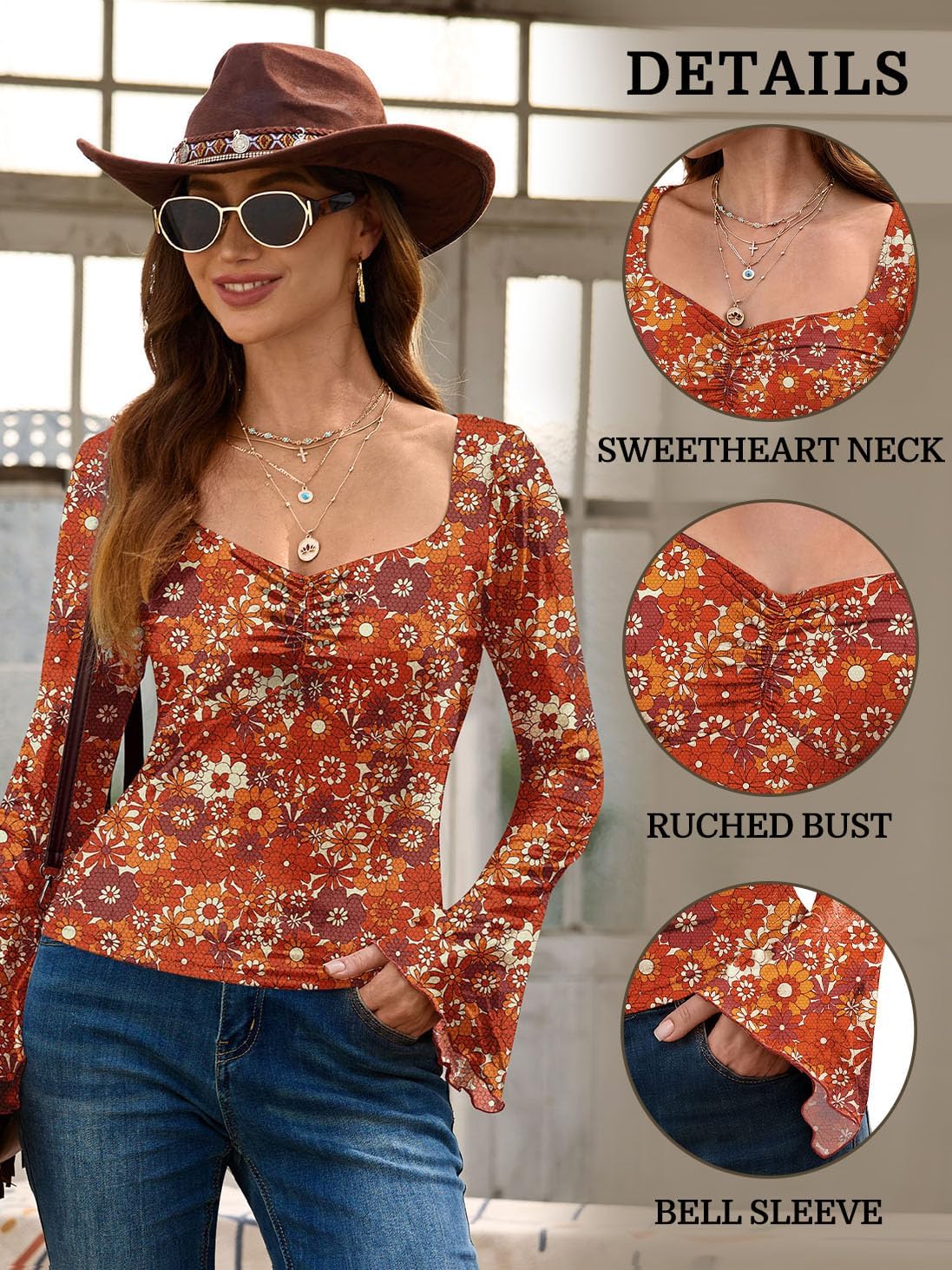 Womens 70s Hippie Boho Ruched Sweetheart Neck Bell Sleeve Sheer Mesh Top