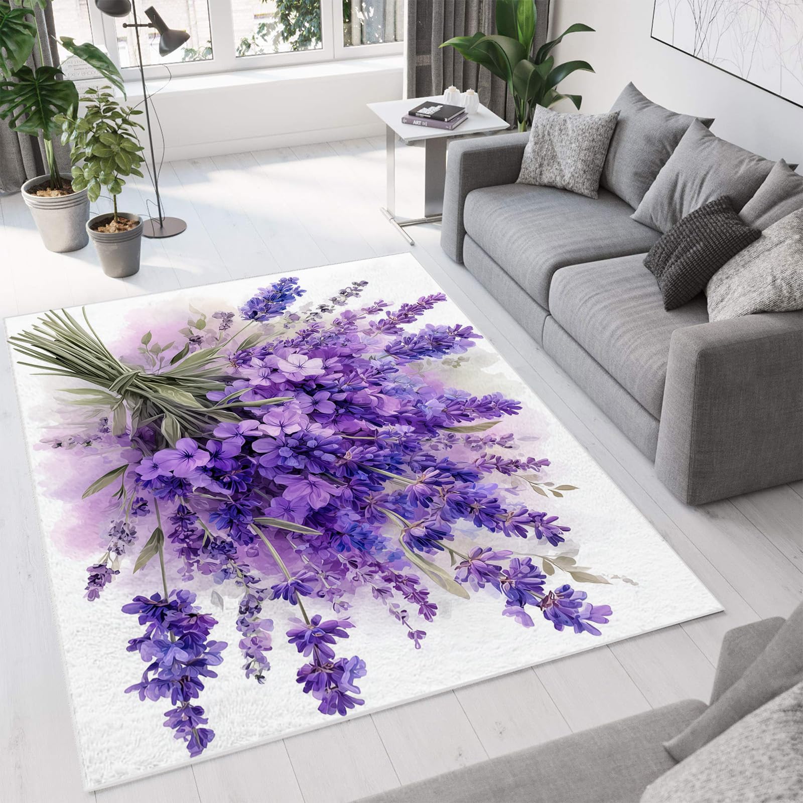 Tapis poils courts lavande antidérapant pour éviter les chutes au salon