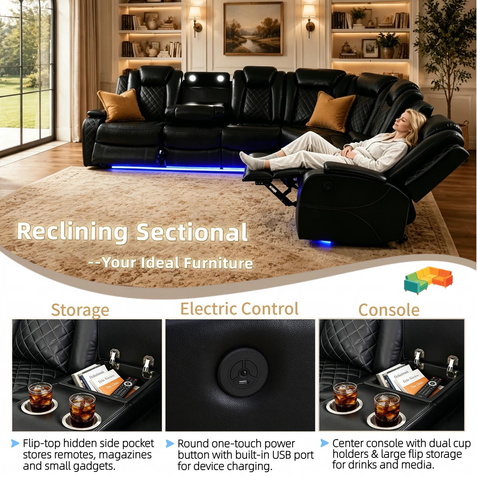 Leather Power Reclining Sectional Sofa Set,Sectional Couch with 3 Recliners view 4