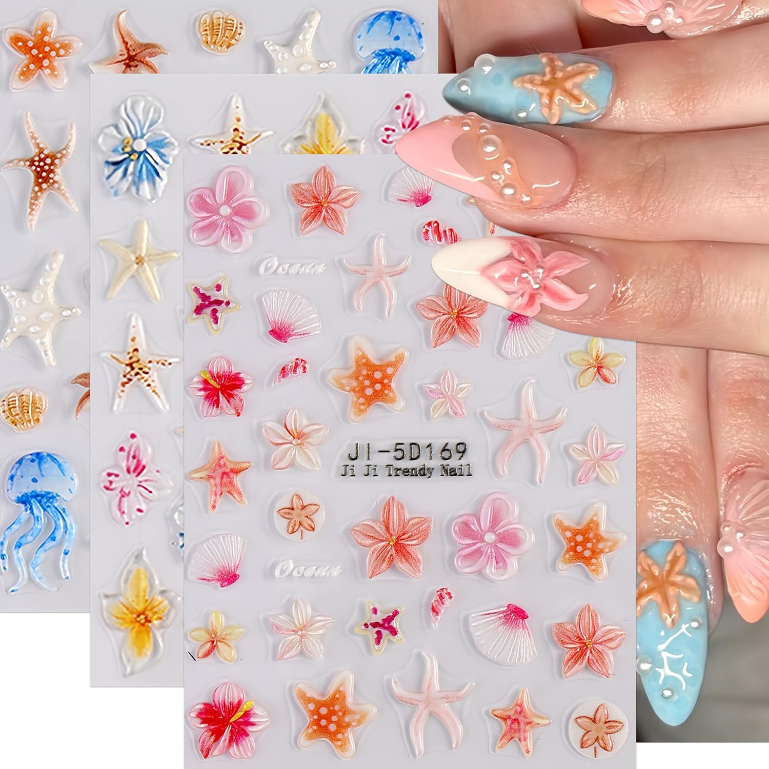 3Sheets Summer Ocean Nail Stickers 5D Self Adhesive Embossed Ocean Life Nail Decals Hibiscus Starfish Seashell Jellyfish Nail Designs Summer Beach Accessories for Women Acrylic Manicure DIY Decoration