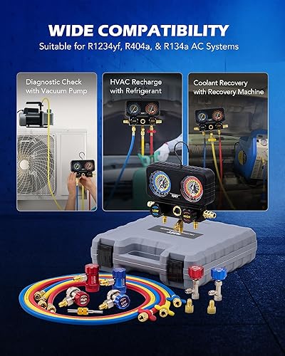 Miniatura 4 de Orion Motor Tech Medidores de CA, juego de manómetros de 3 vías para refrigerante R1234yf R404a R134a, juego de calibre automotriz con mangueras,