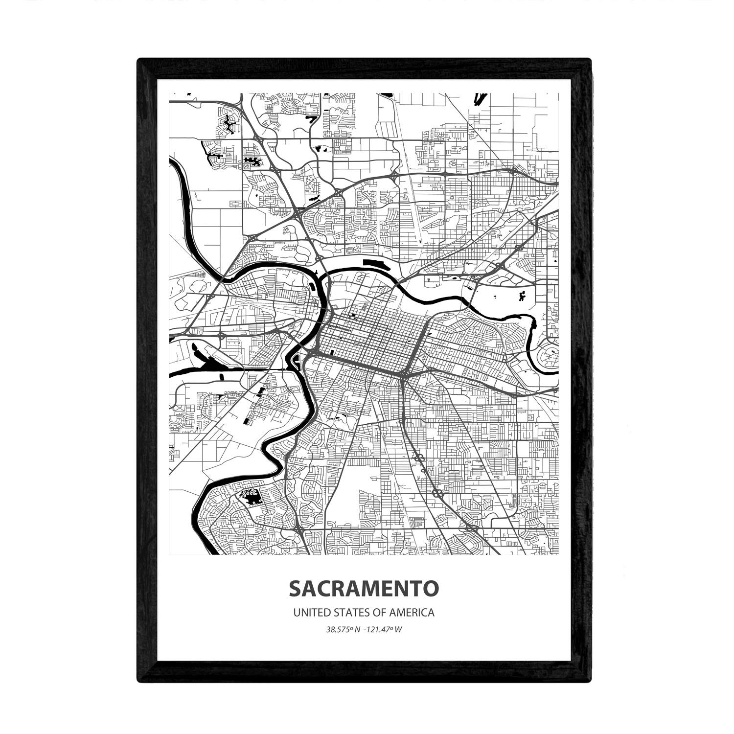 Nacnic Poster with map of Sacramento - USA. Sheets US cities with seas and rivers in black color. A4 size
