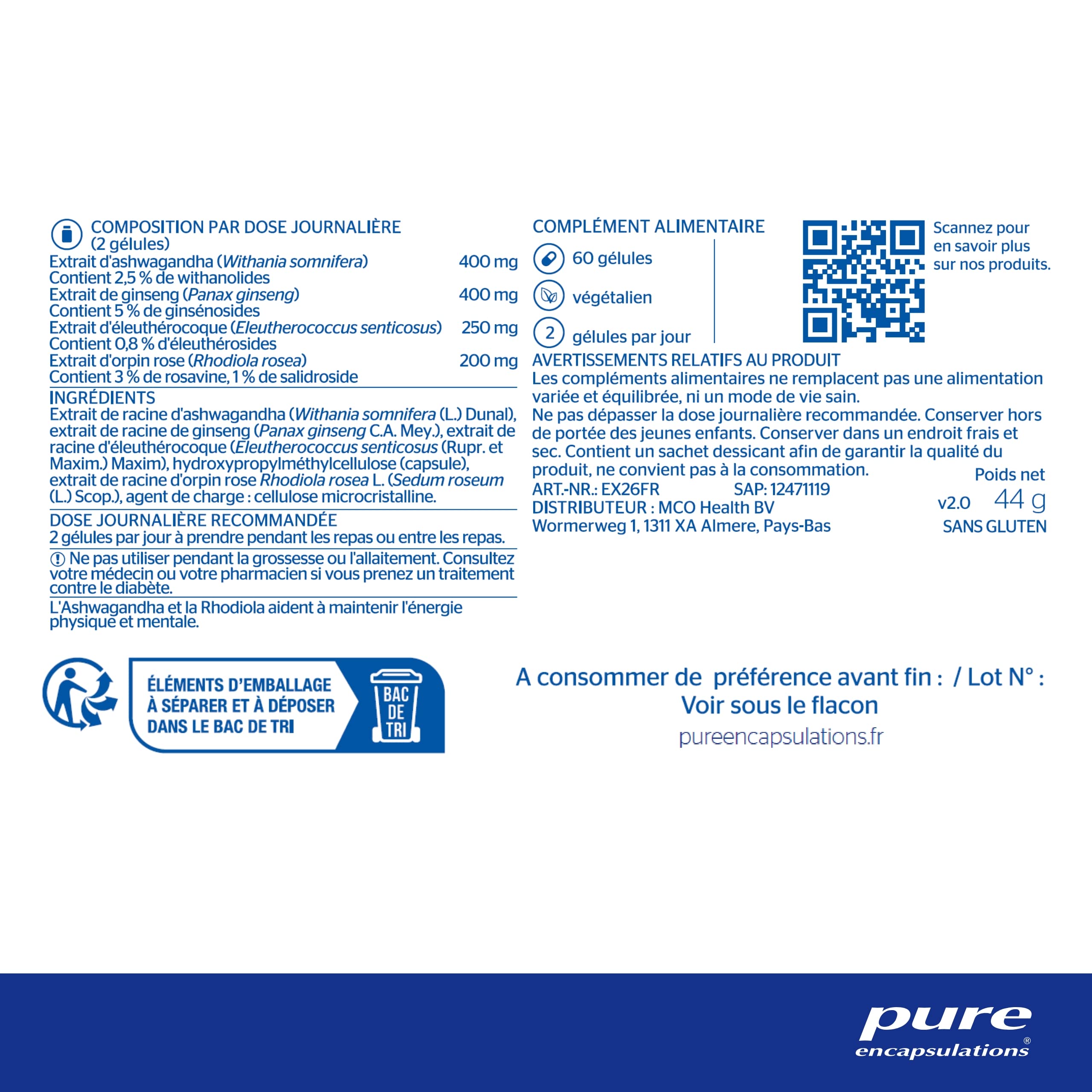 Pure Encapsulations - Energy Xtra - Association de 4 Extraits de Plantes - Panax Ginseng, Ginseng de Sibérie & Rhodiola - Énergie Physique et Mentale - 60 Gélules Véganes | 4 Plantes dont Ashwagandha, Gestion du stress, Endormissement, Mémoire, Végan, Com