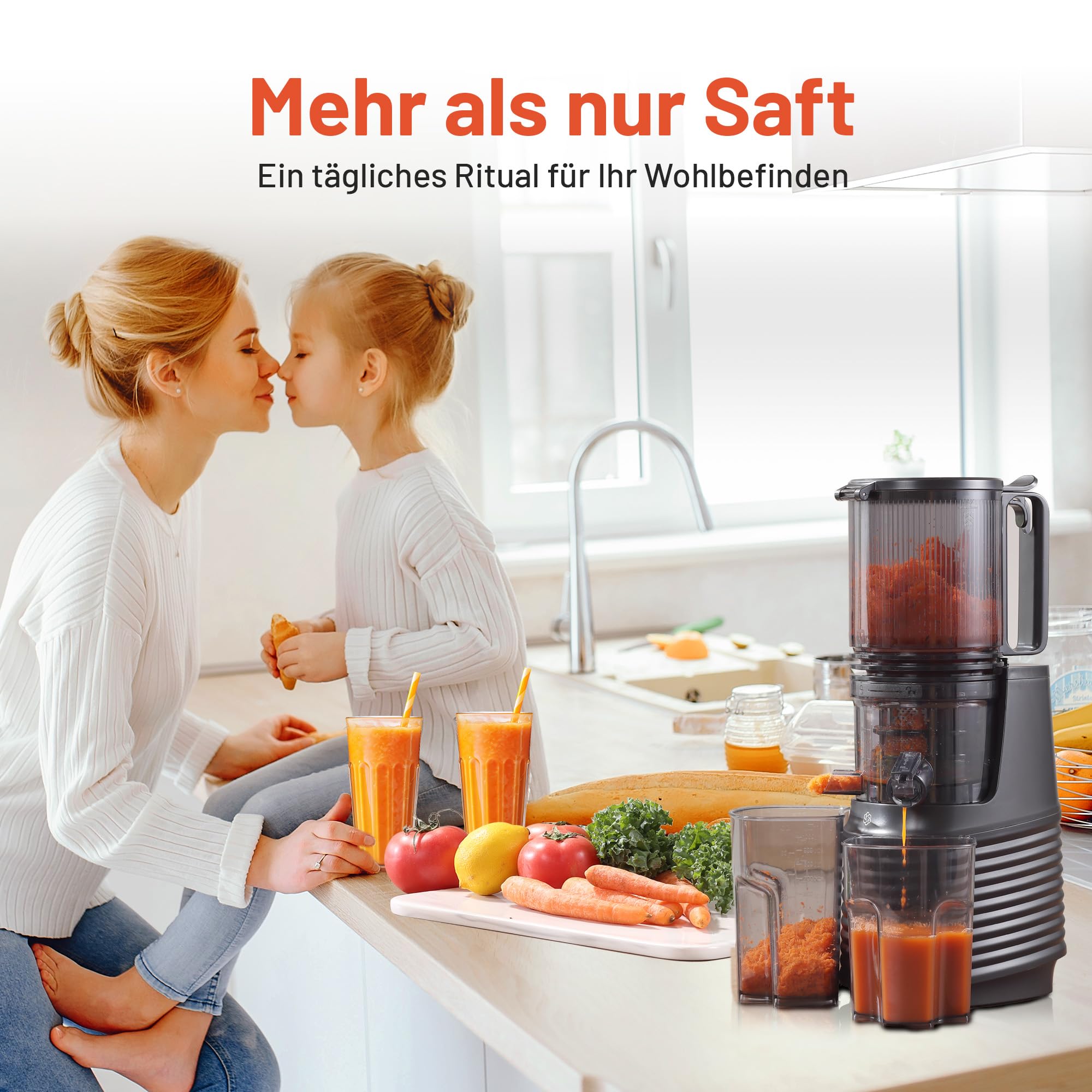 VELOJA Slow Juicer Pro - Kaltpresse Entsafter für ganze Früchte & Gemüse mit 130 mm XL-Einfüllschacht – Ultraleiser Motor – Leicht zu reinigen – Inkl. Rezeptbuch für Säfte & Tresterrezepte