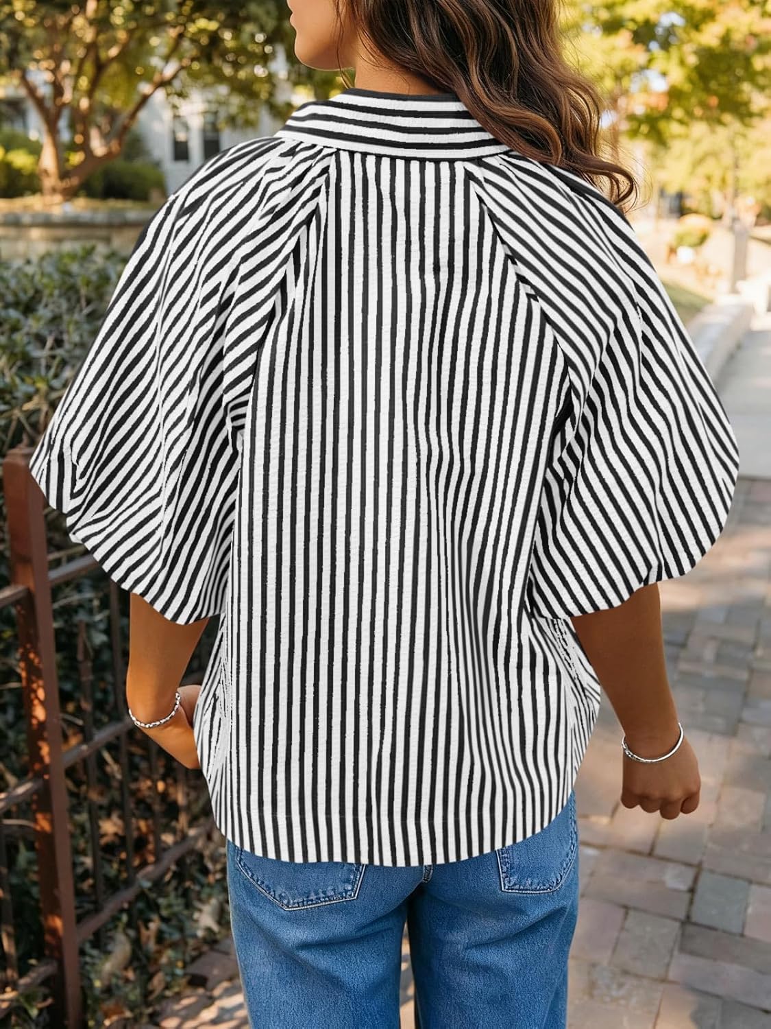 Tankaneo Womens Short Puff Sleeve Button Down Shirts Striped Trendy Casual Loose Fit Blouse V Neck Collared Tops - Image 6