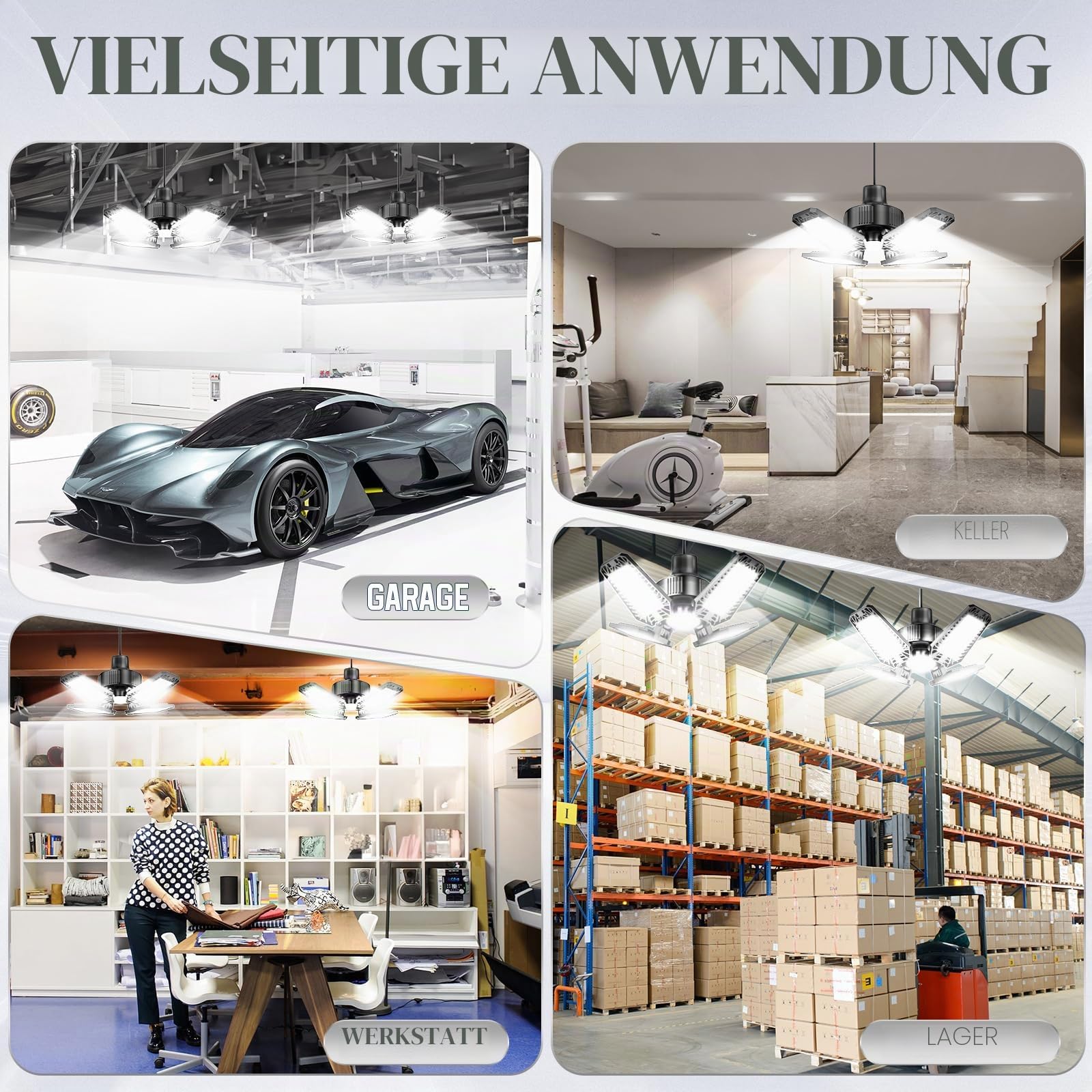 Garagenlampe LED 4 Stück 20W, 2000LM LED Garagenbeleuchtung mit 4+1 Verstellbaren Paneelen 6500K E26/E27 für Garage/Werkstatt/Keller (Äquivalent zu 120W)