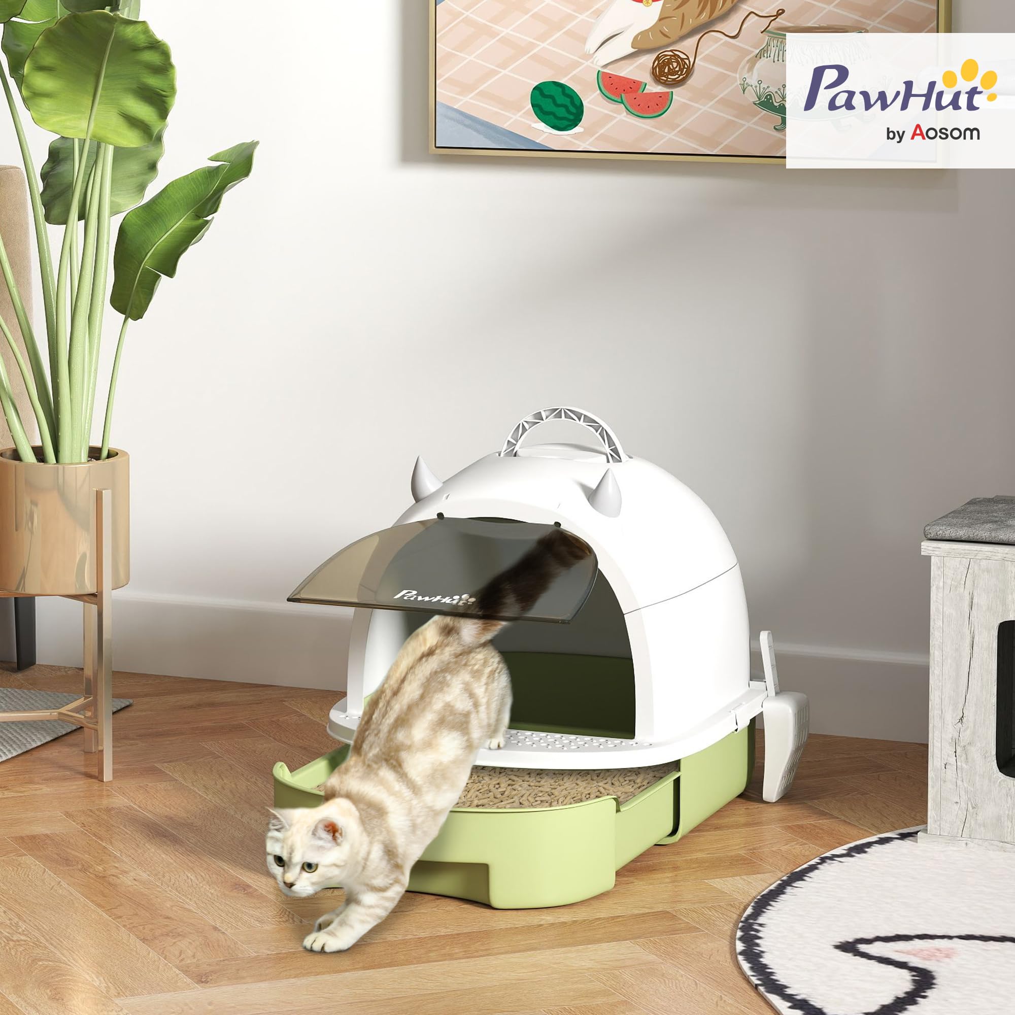PawHut Lettiera per Gatti Chiusa con Vassoio Estraibile, Toilette per Gatti con Cassetta Igienica per Gatti con Maniglia, Paletta e Filtro ai Carboni Attivi, Verde