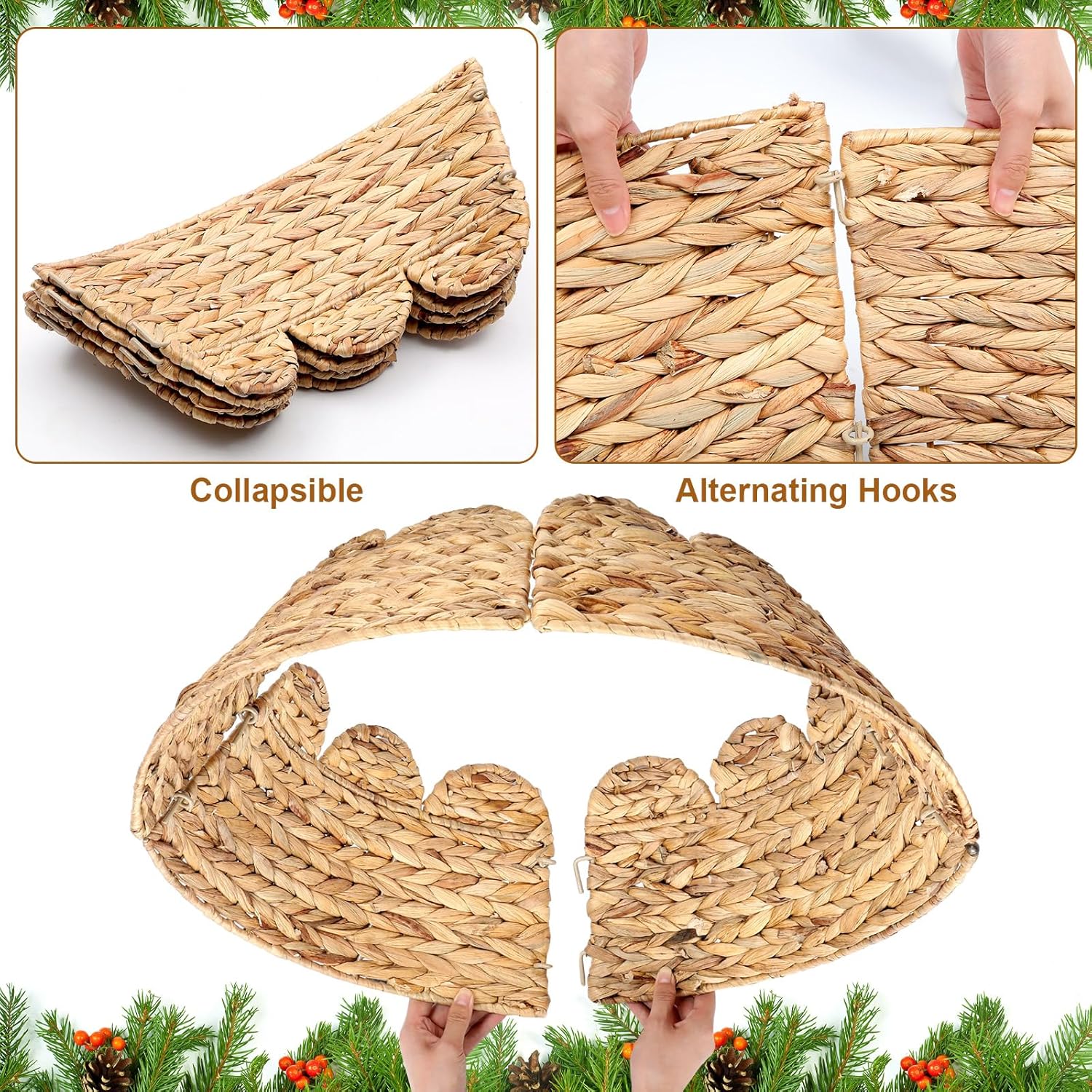 Cinnvoice Woven Rattan Scalloped Christmas Tree Collar 24 Inch Natural Ring Rustic Farmhouse Water Hyacinth Base Cover Skirt for 4-6 ft Xmas Tree Holiday House Decoration