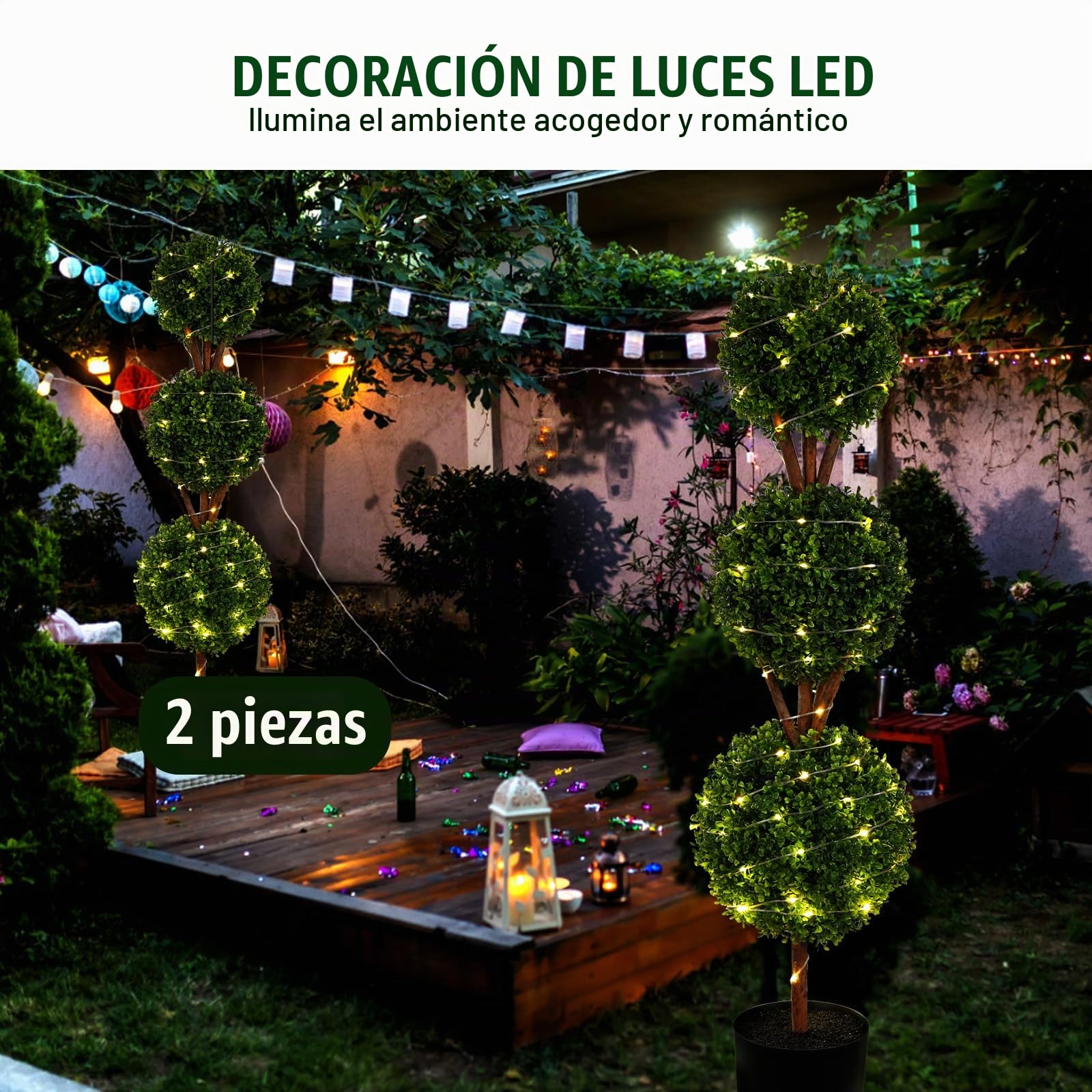 VEVOR Topiario de Boj Artificial 122 cm Bola de Boj Artificial al Aire Libre 2 Plantas Artificiales 10 Hojas Reemplazables 2 Luces LED sin Batería para Decoración del Hogar Jardín Patio Balcón Entrada
