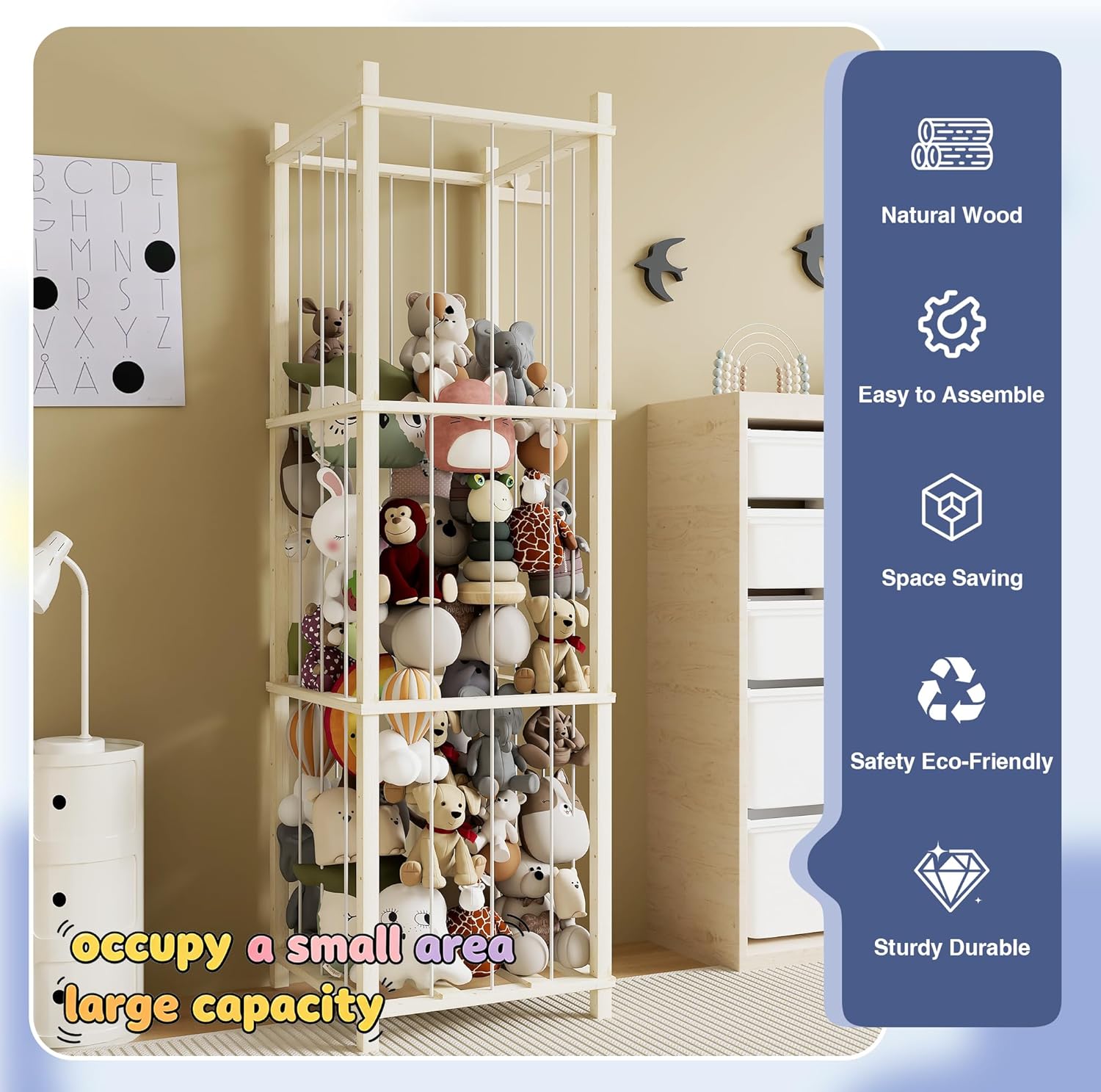 DonYoung Solid Pine Stuffed Animal Storage, 56 Inch Extra-Wide & High Open Toy Organizer, Natural Wood Slat with Whole Rope Design, Hand-Polished Kids' Plush Tower for Playroom Bedroom